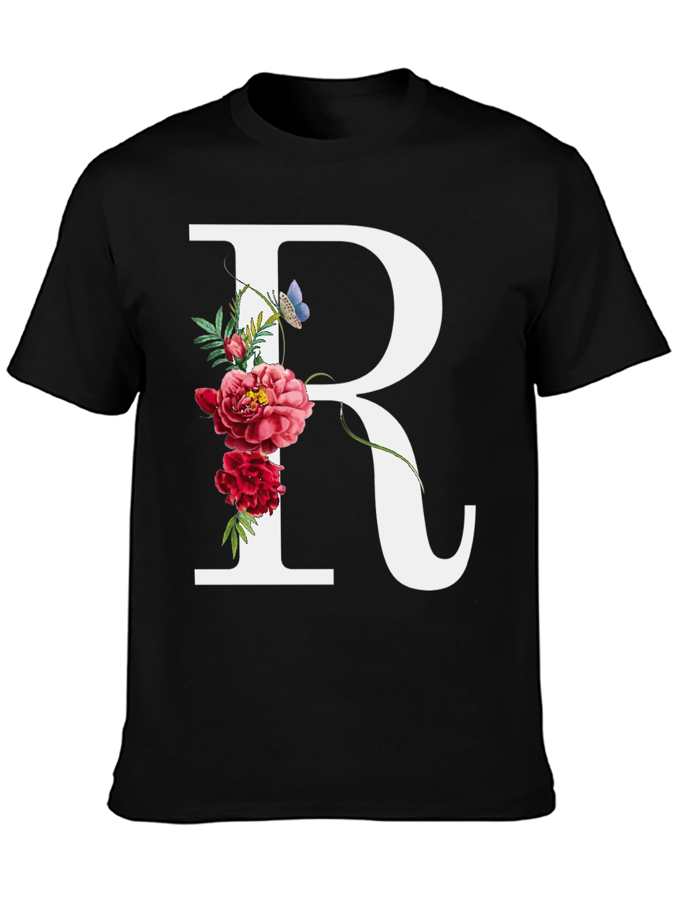 Floral Initial R Black T-Shirt