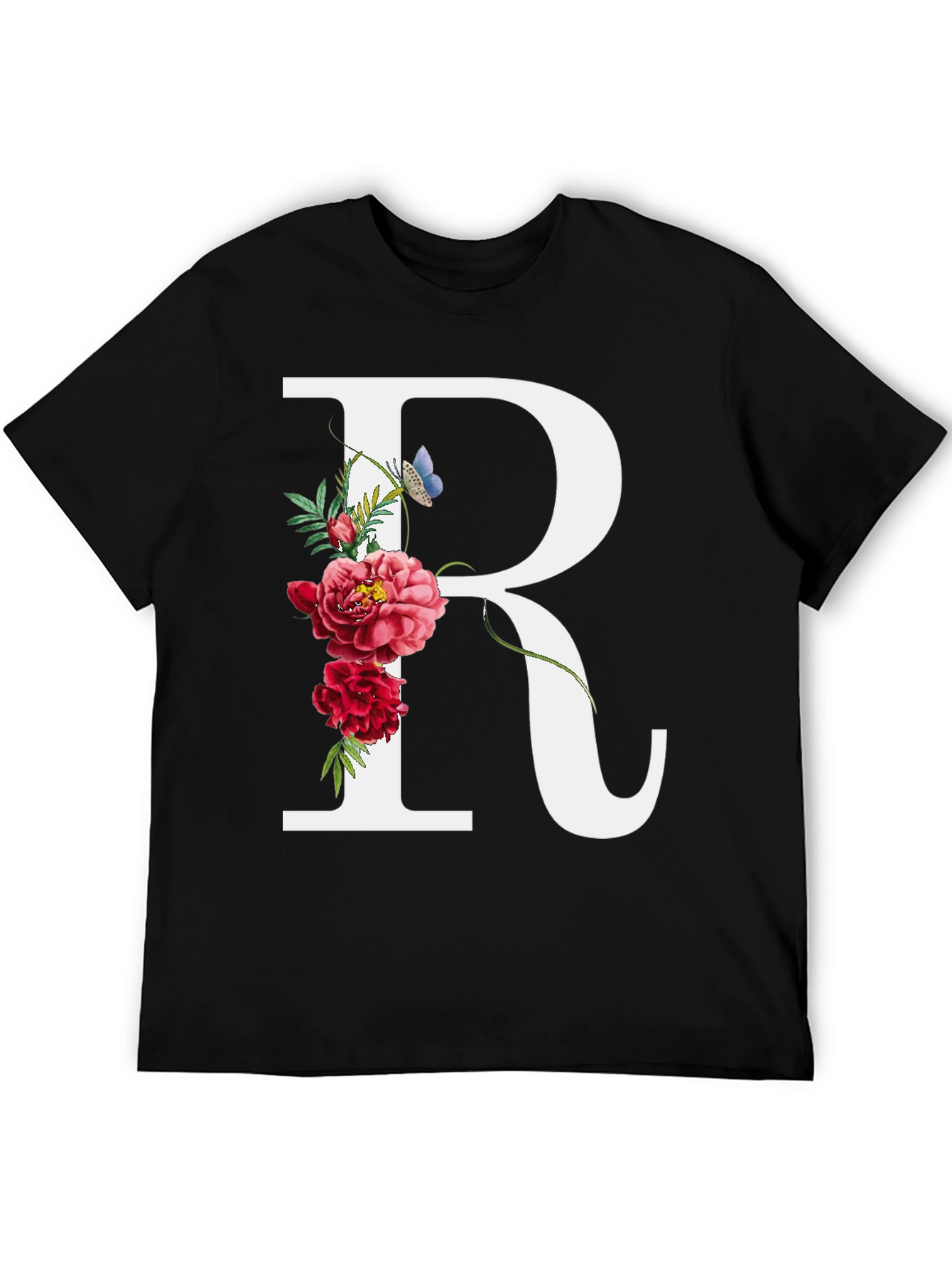 Floral Initial R Black T-Shirt