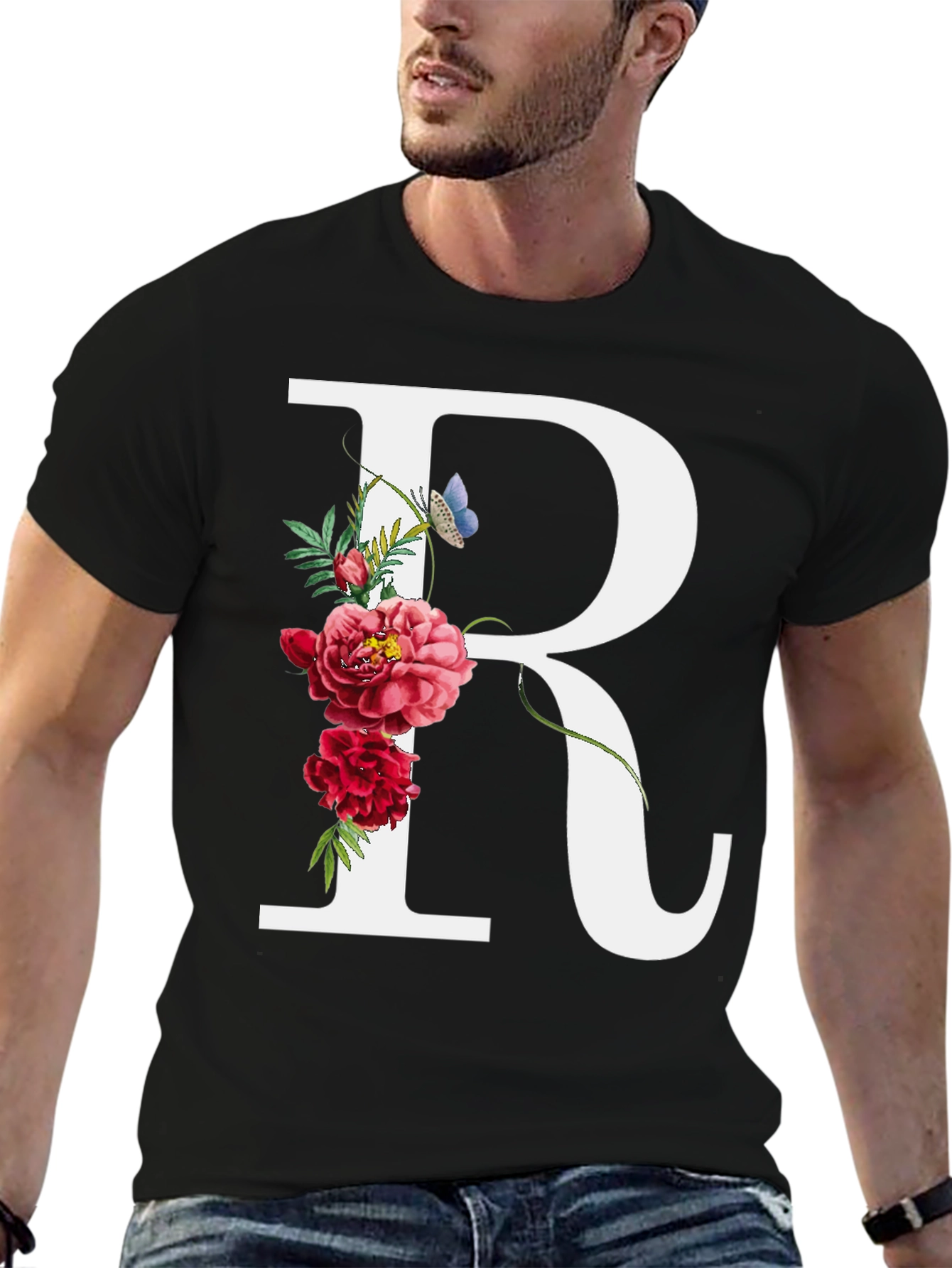 Floral Initial R Black T-Shirt