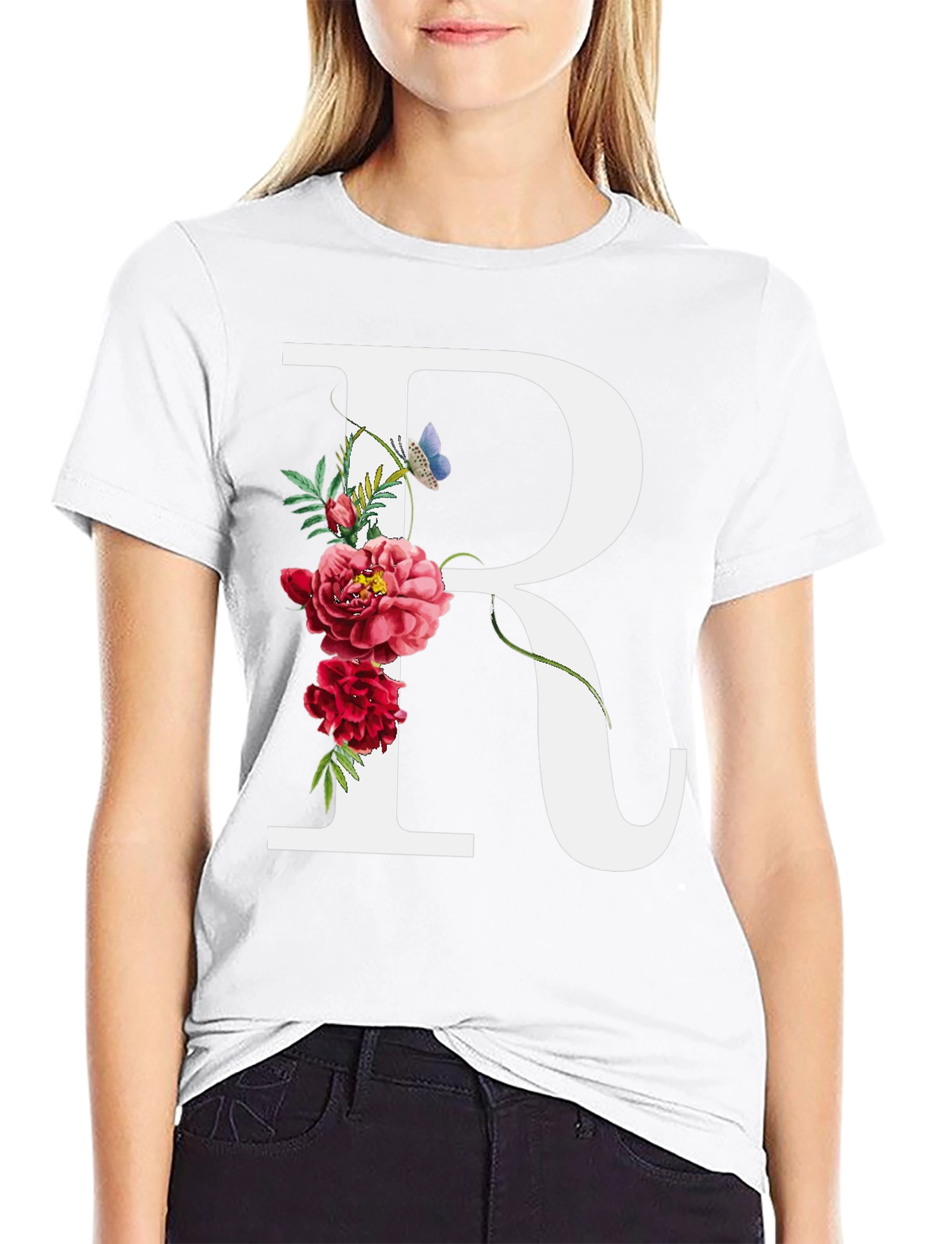 Floral Initial R Black T-Shirt