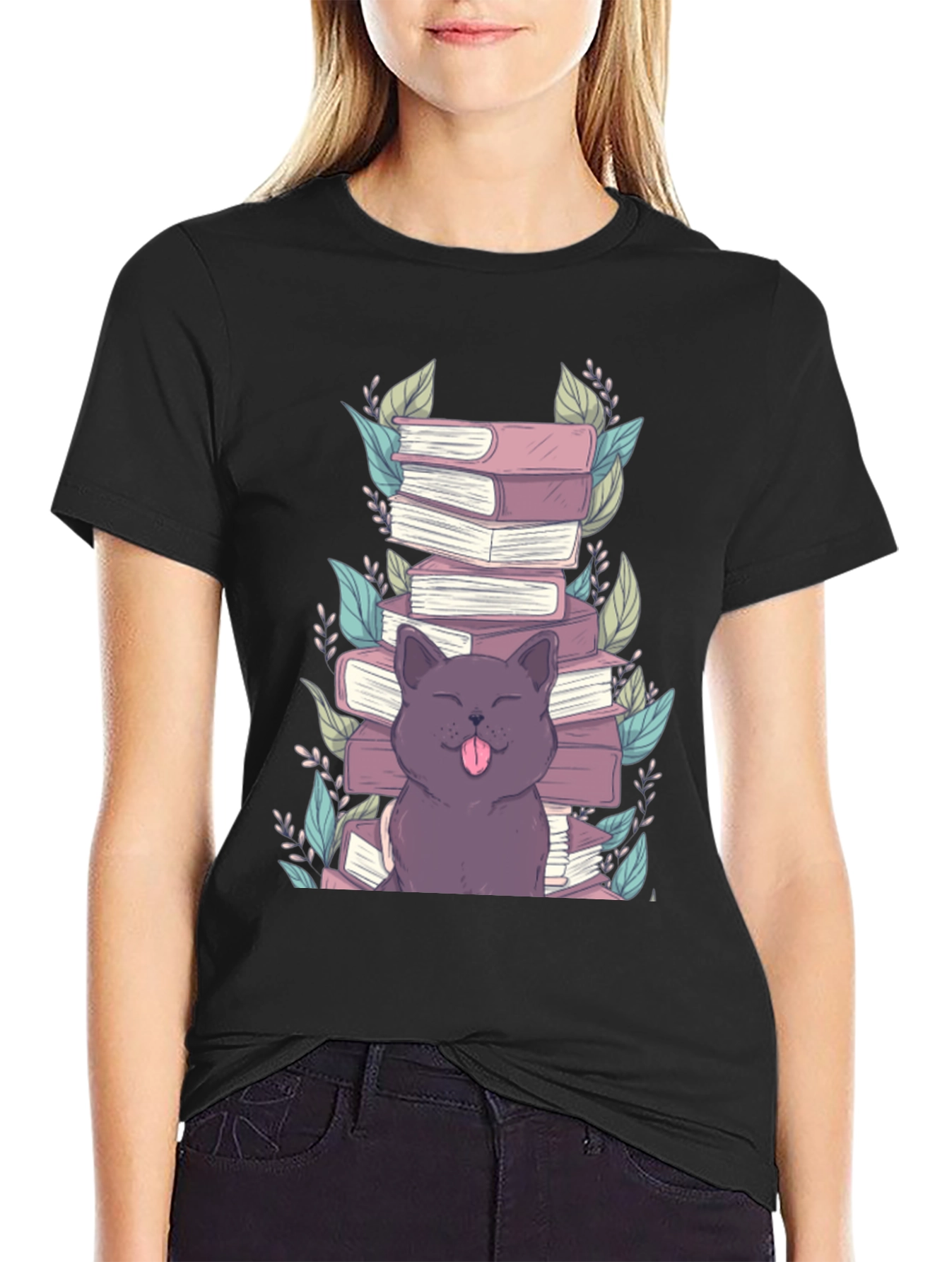Cute Cat Reading Books Graphic T-Shirt