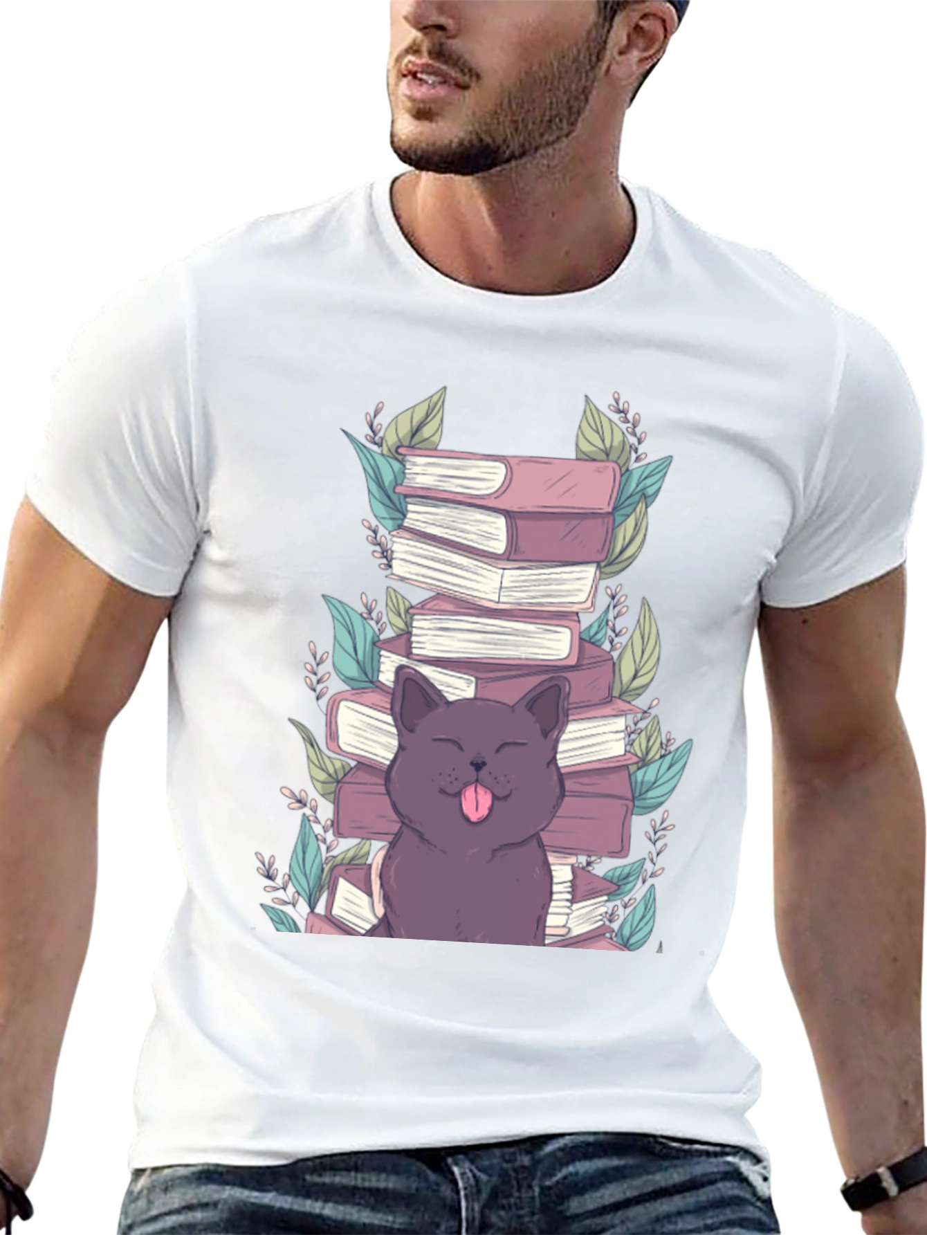 Cute Cat Reading Books Graphic T-Shirt