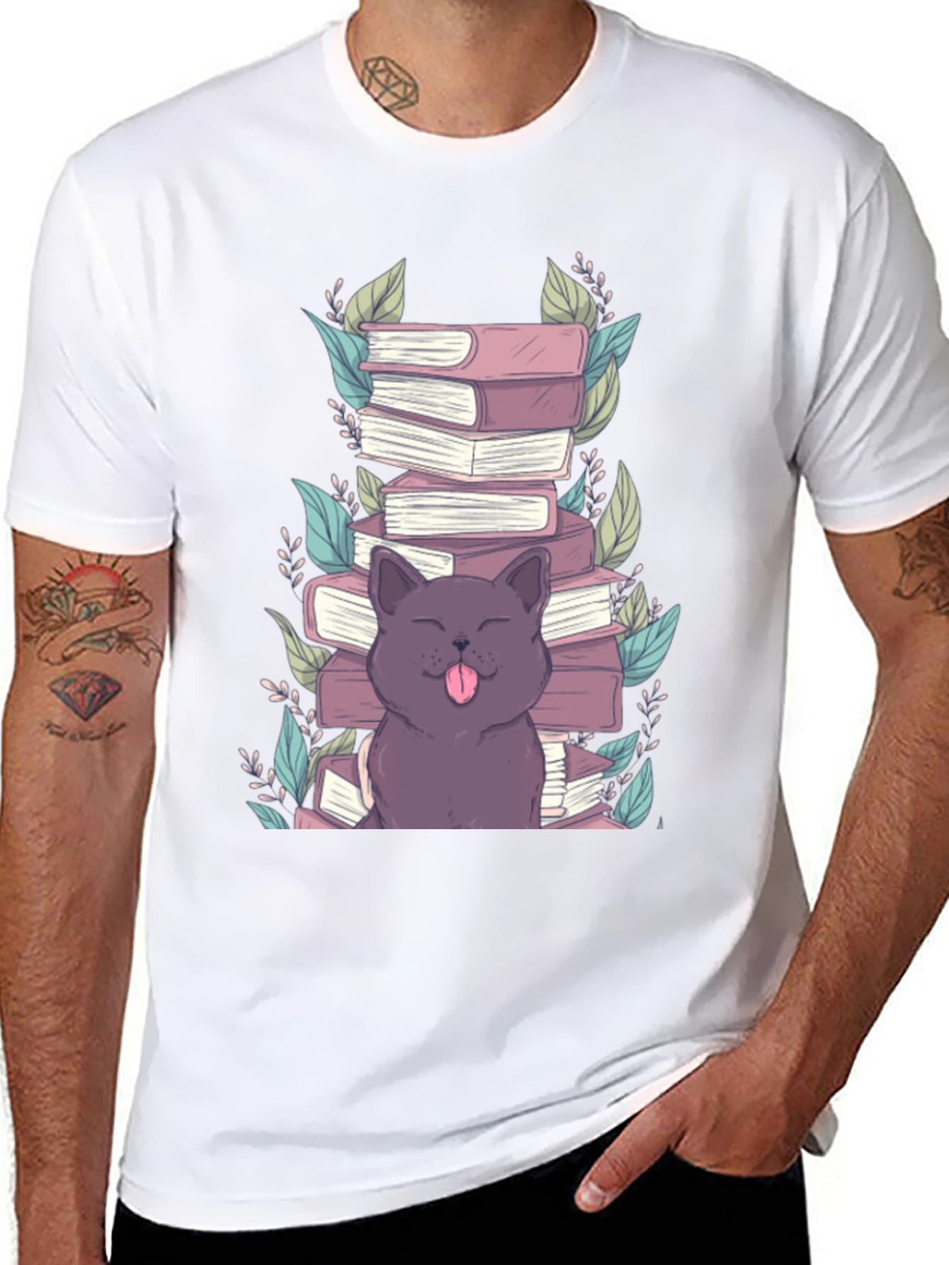 Cute Cat Reading Books Graphic T-Shirt
