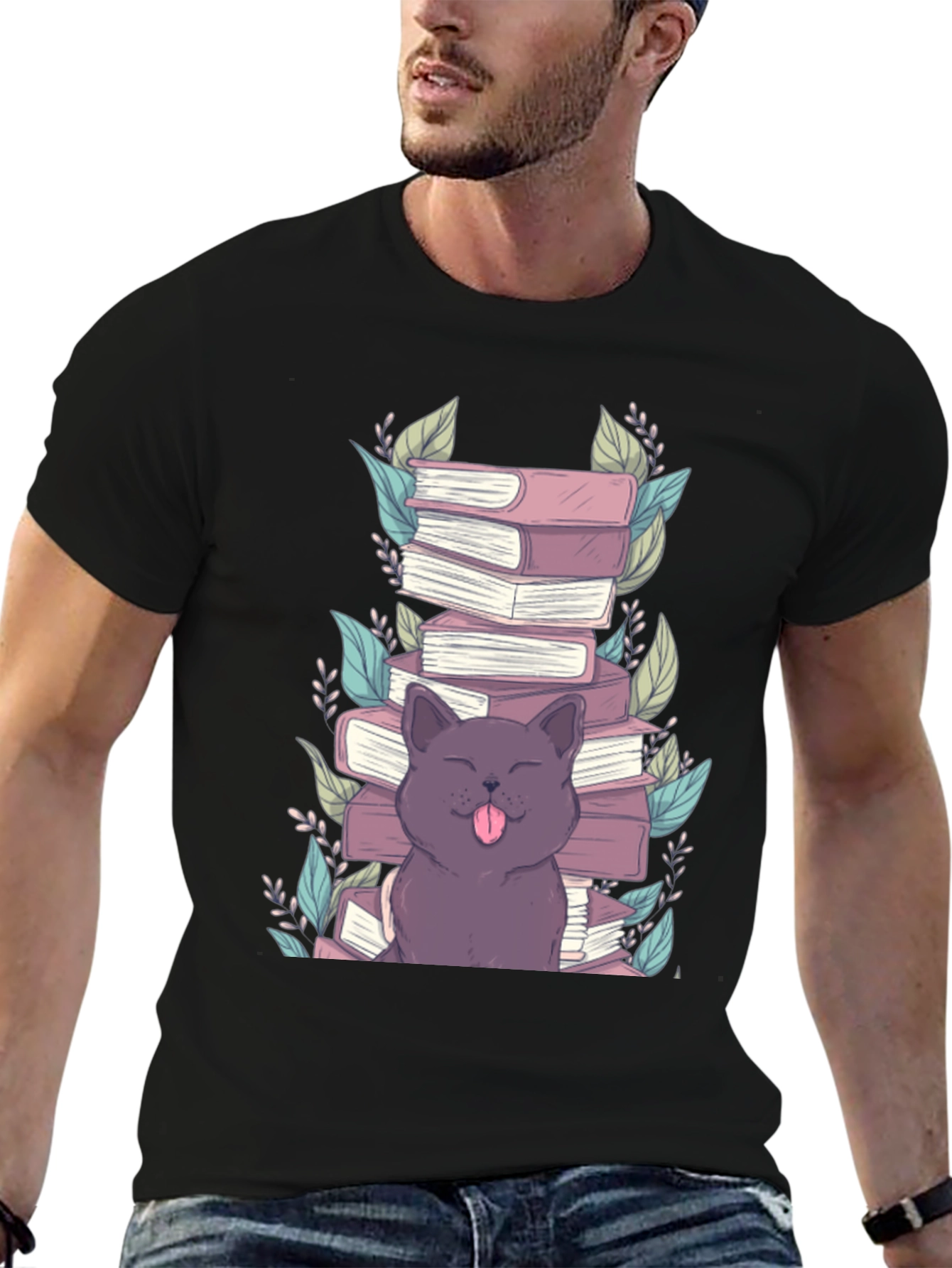 Cute Cat Reading Books Graphic T-Shirt
