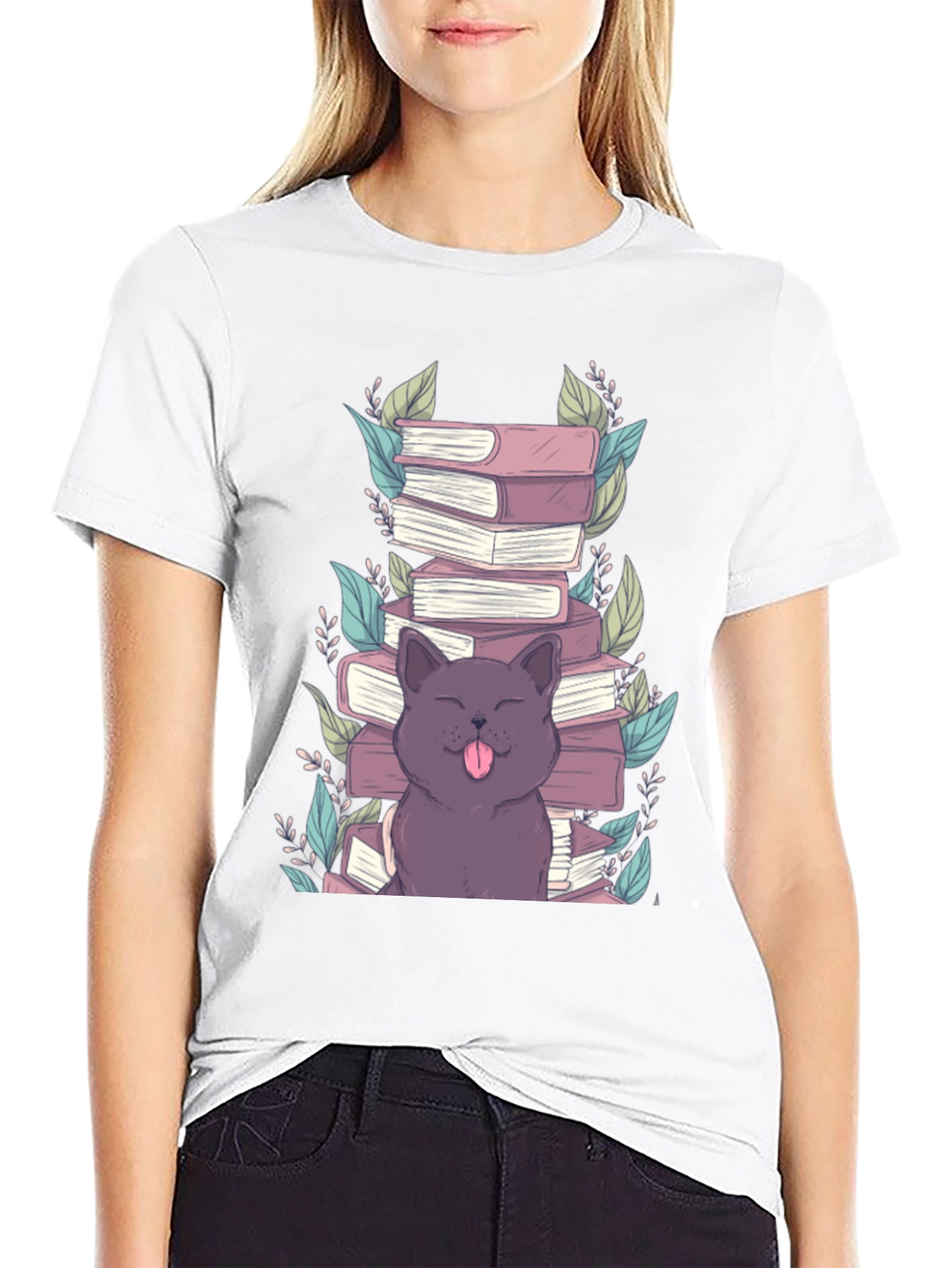 Cute Cat Reading Books Graphic T-Shirt