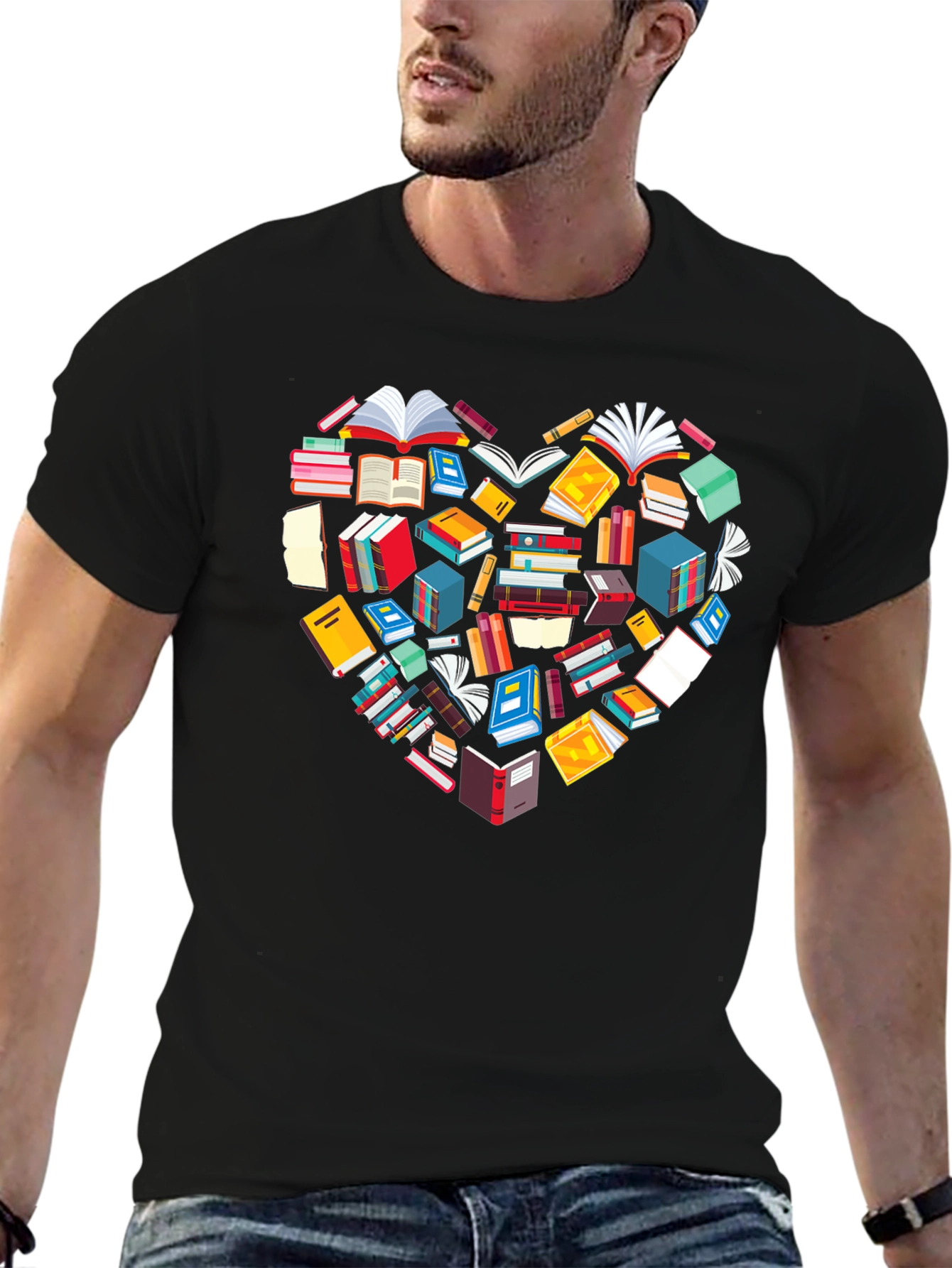 Book Lover Heart Graphic Tee - Black Cotton T-Shirt