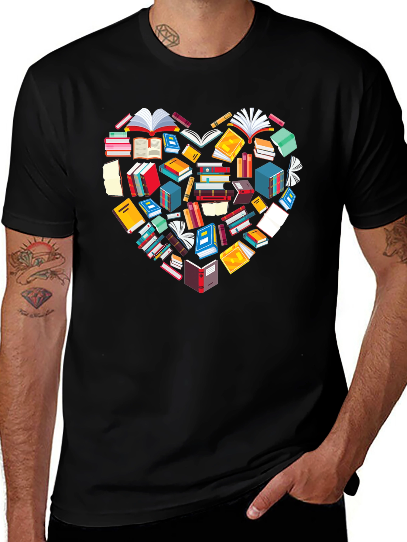 Book Lover Heart Graphic Tee - Black Cotton T-Shirt