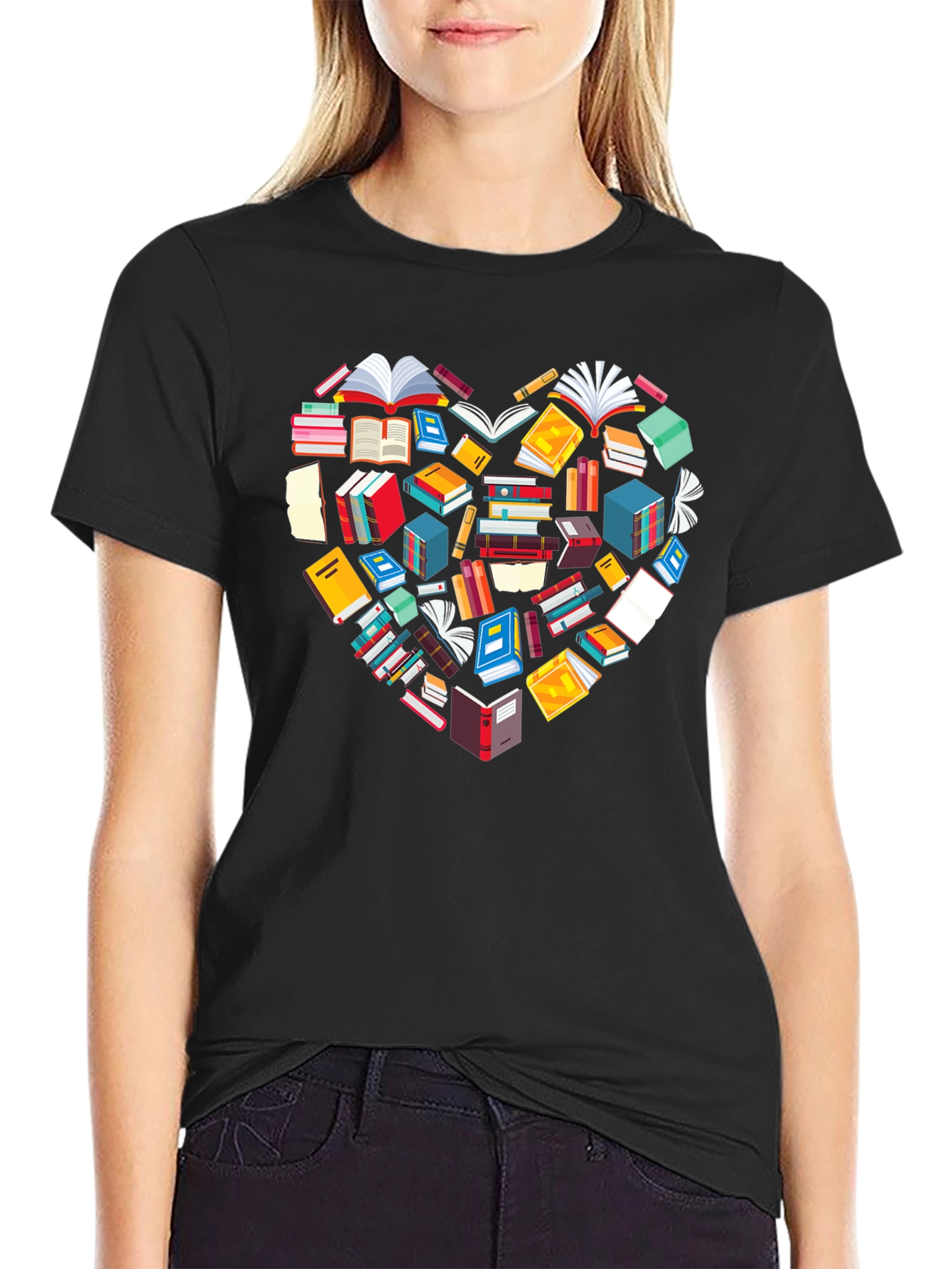Book Lover Heart Graphic Tee - Black Cotton T-Shirt
