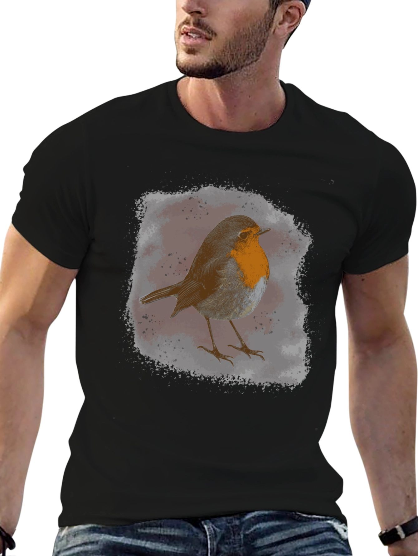 Robin Bird Graphic Print Black T-Shirt