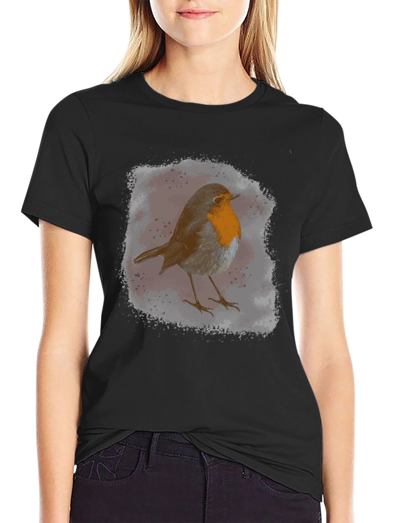 Robin Bird Graphic Print Black T-Shirt