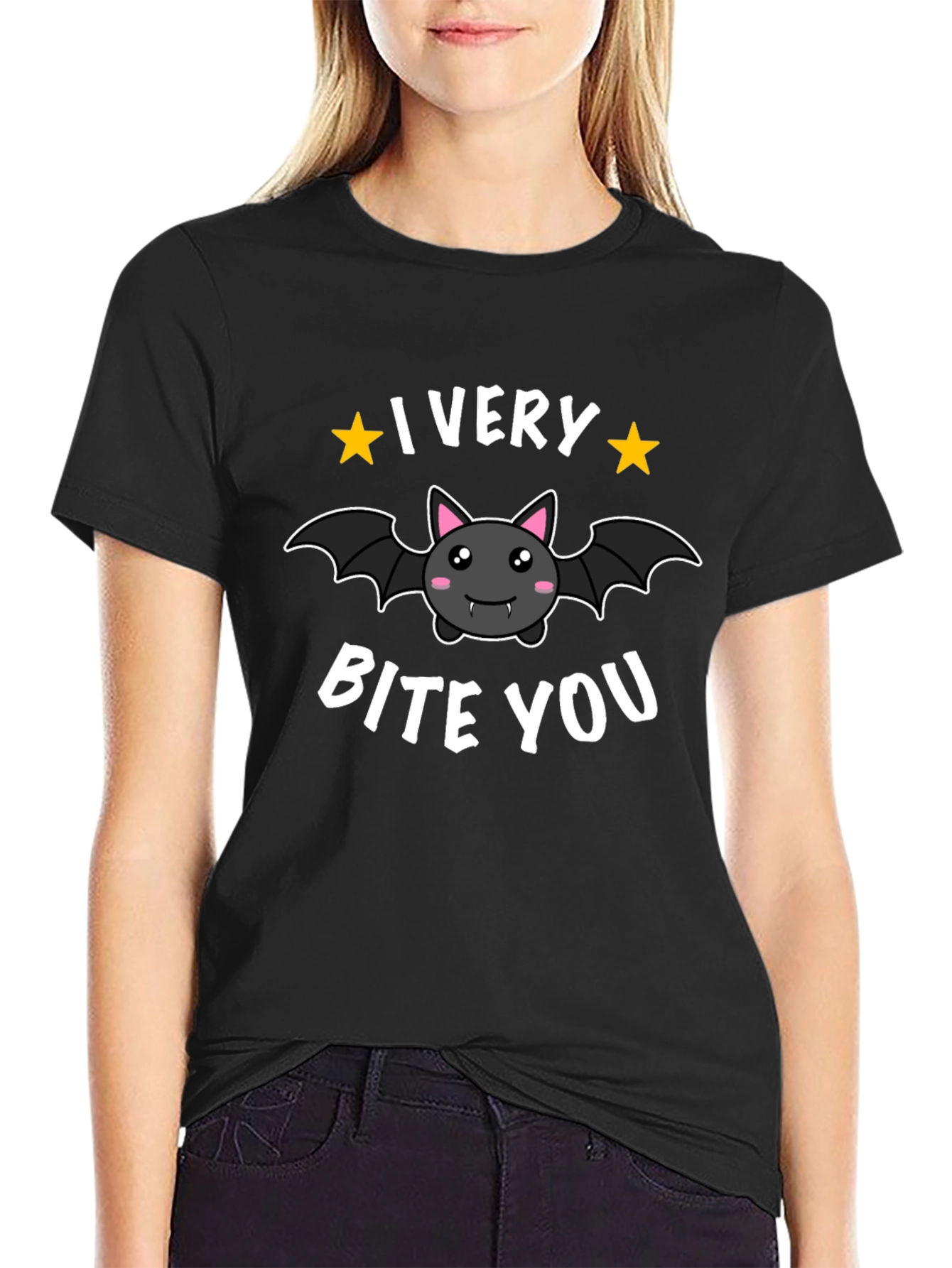 Cute Bat I Very Bite You Graphic Black T-Shirt