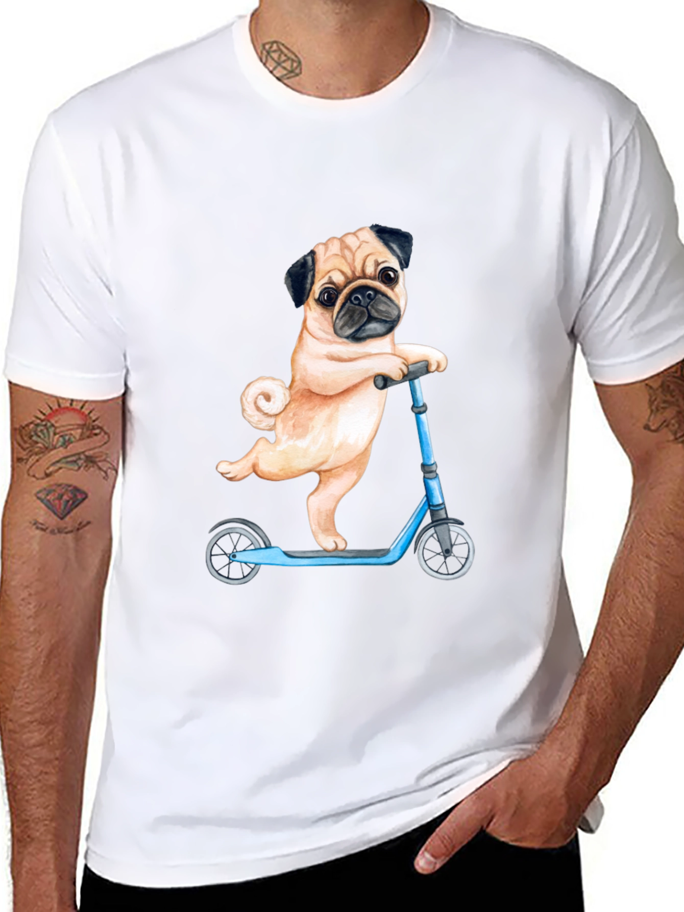 Pug on Scooter Graphic T-Shirt