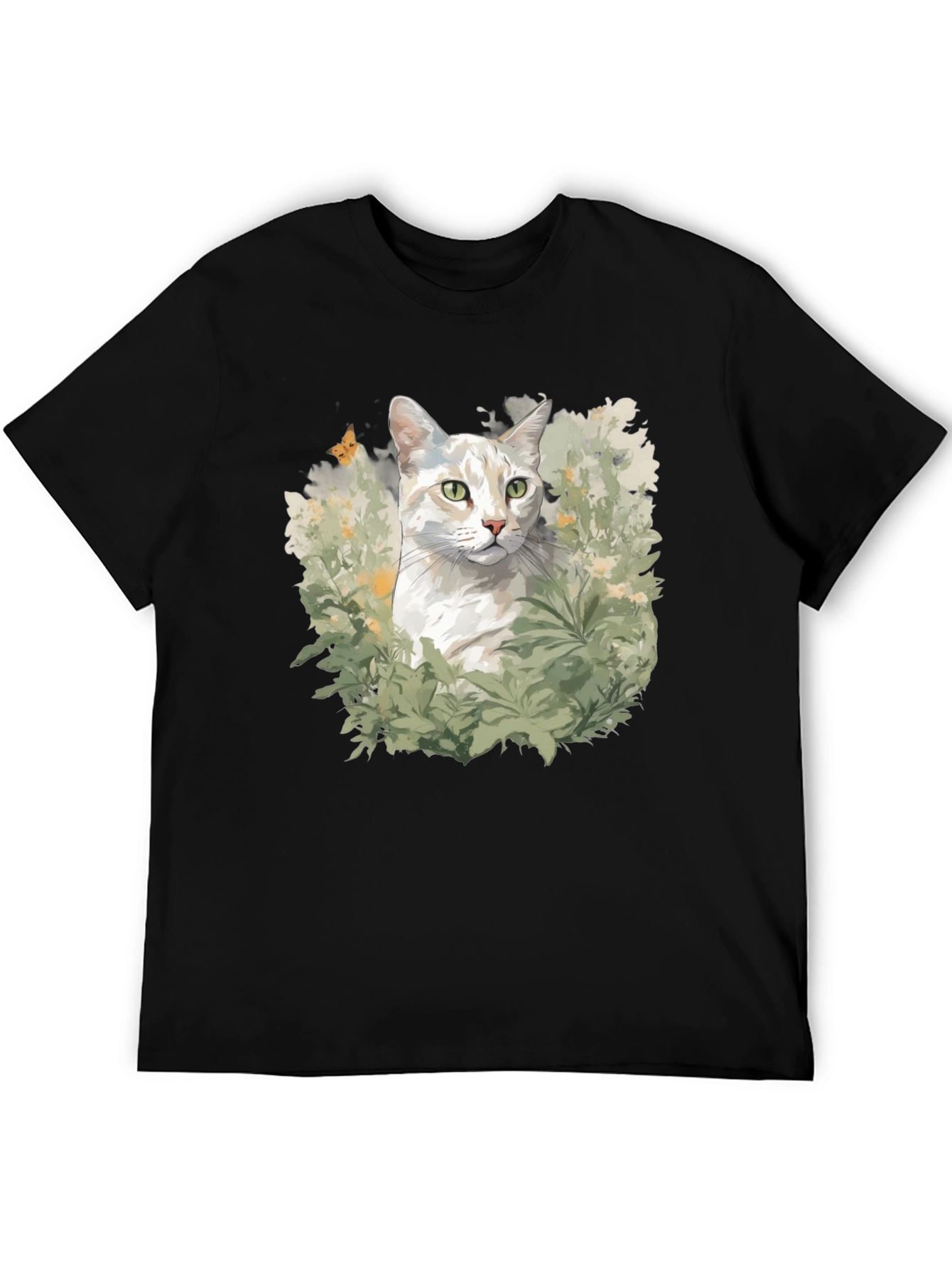 Cat in Garden Black T-Shirt