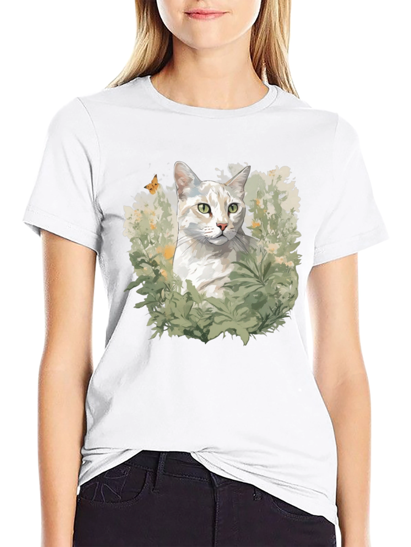 Cat in Garden Black T-Shirt