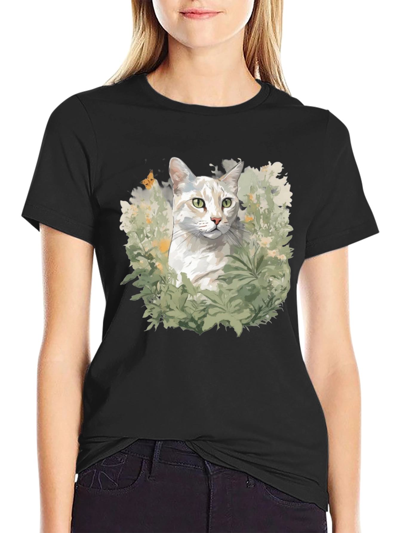 Cat in Garden Black T-Shirt