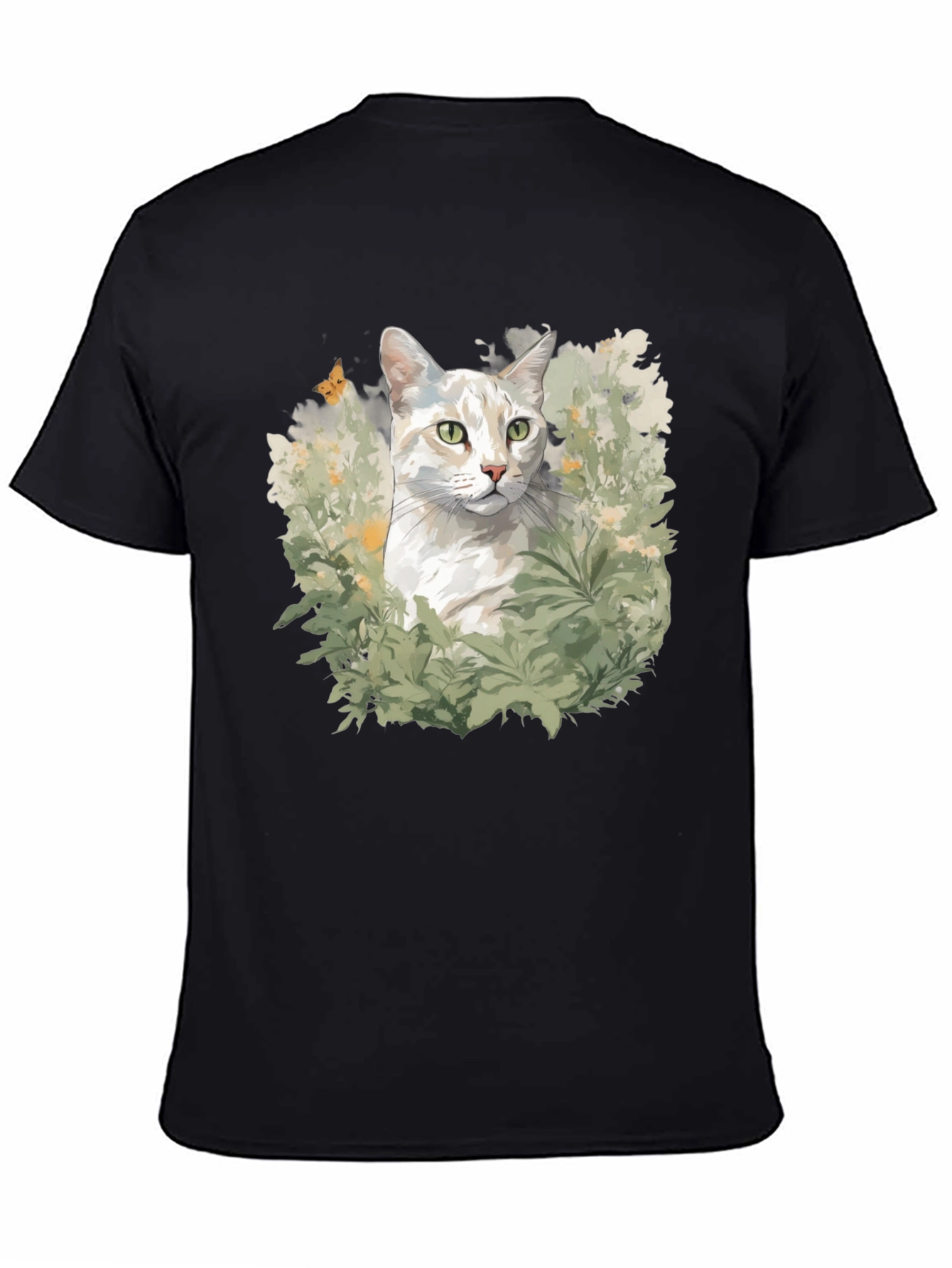 Cat in Garden Black T-Shirt