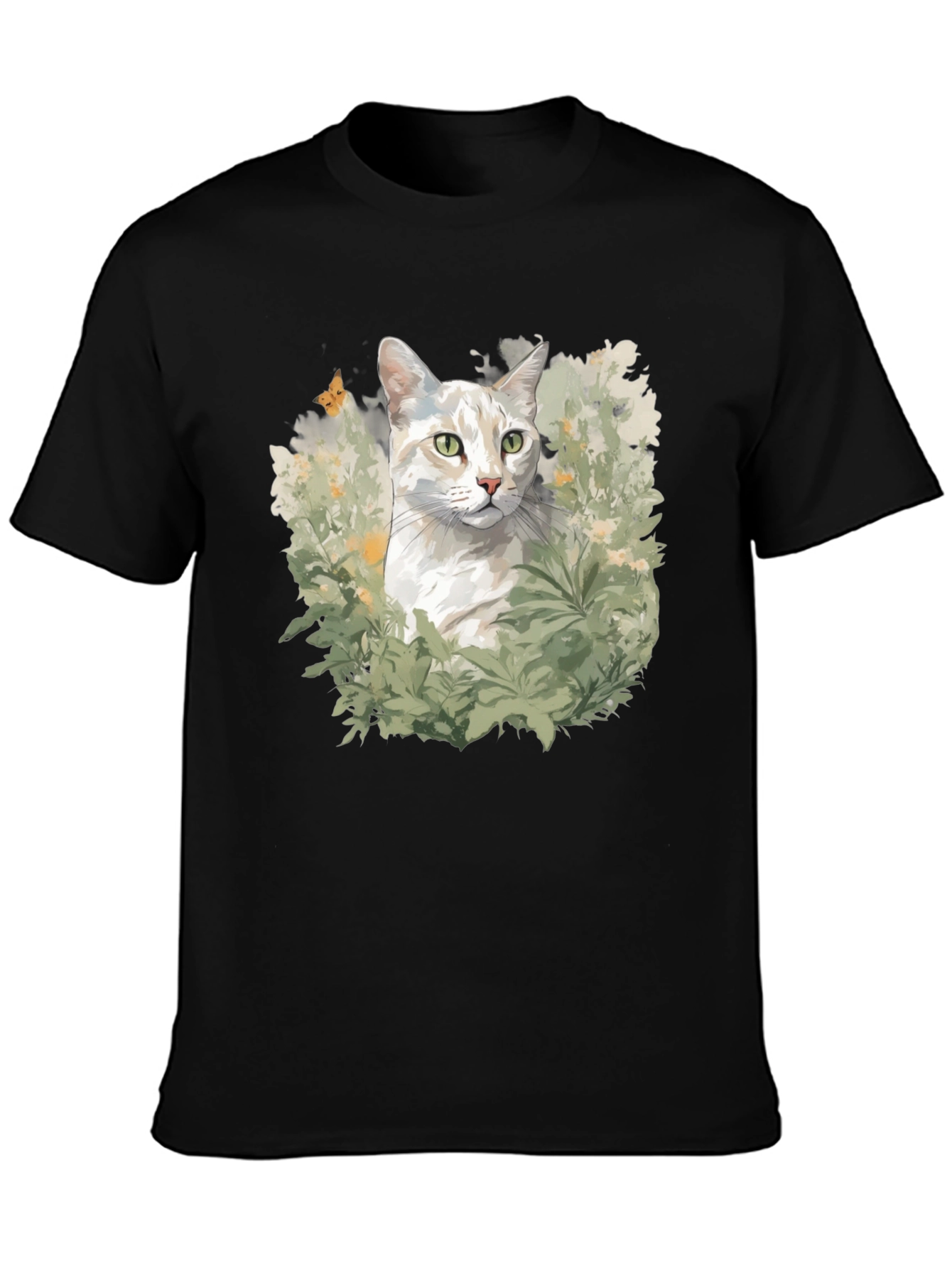 Cat in Garden Black T-Shirt