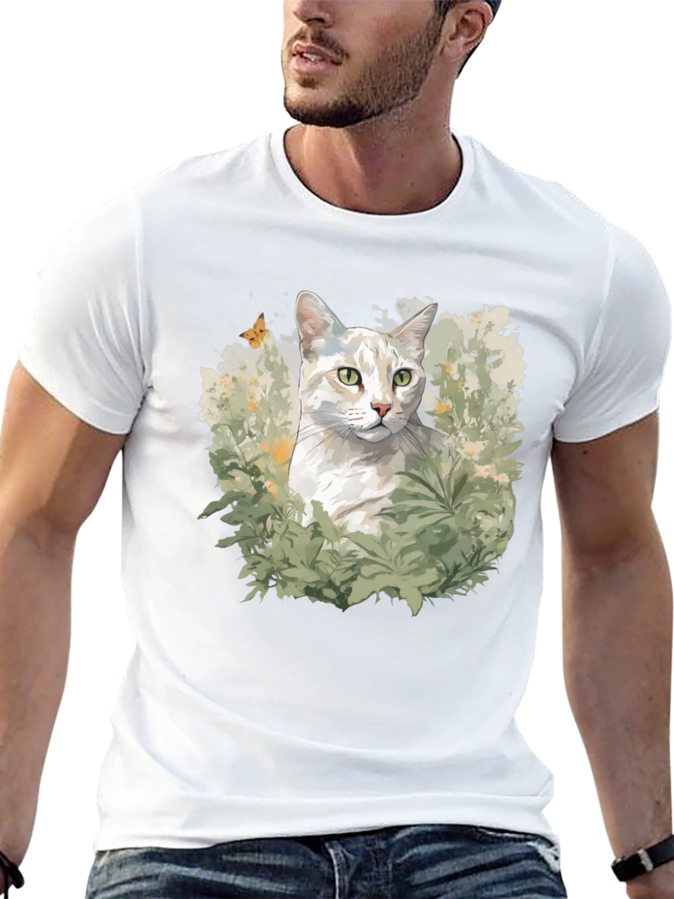 Cat in Garden Black T-Shirt