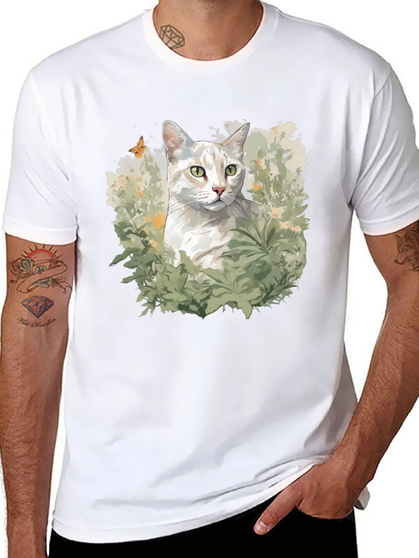 Cat in Garden Black T-Shirt