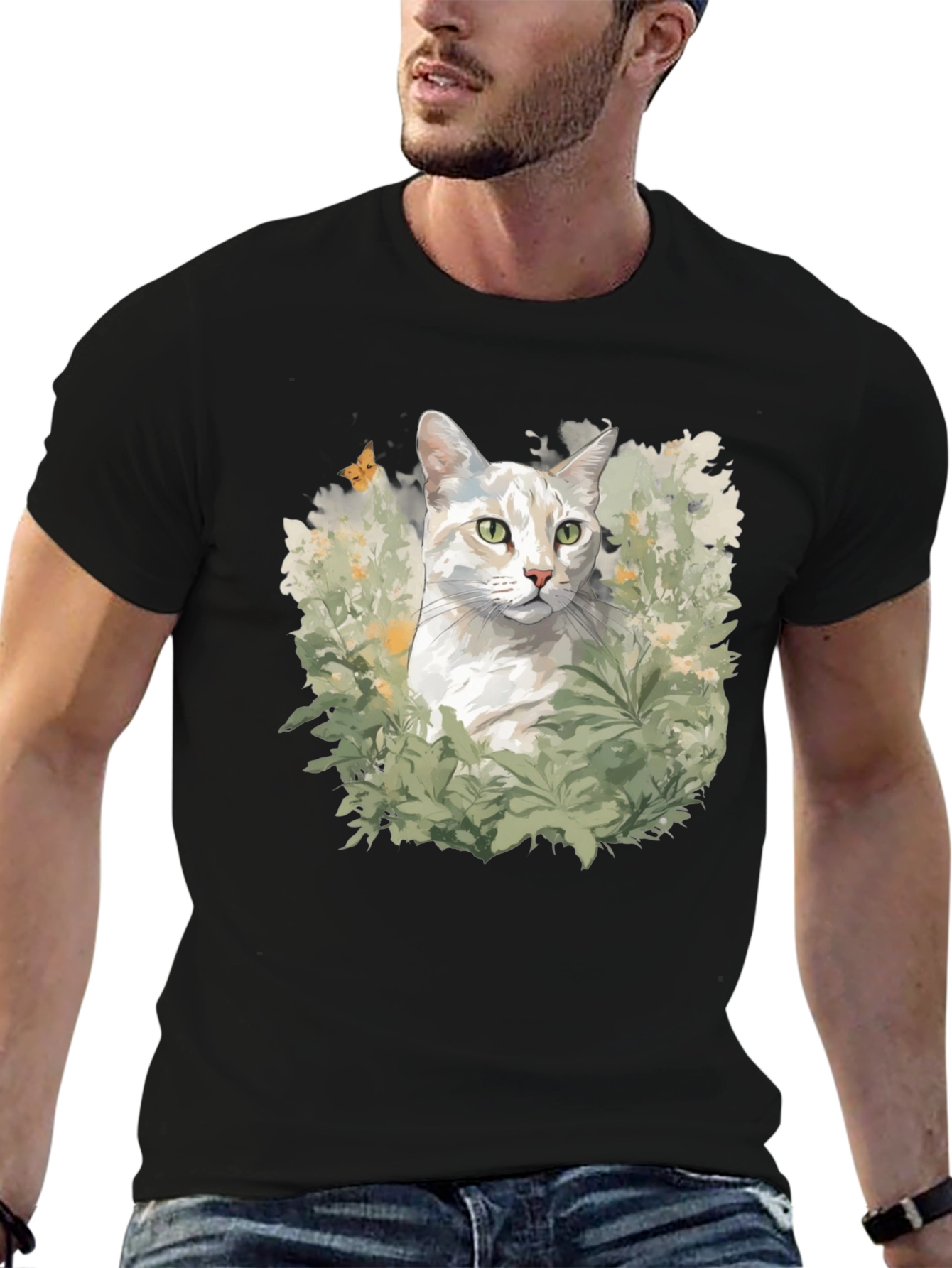 Cat in Garden Black T-Shirt