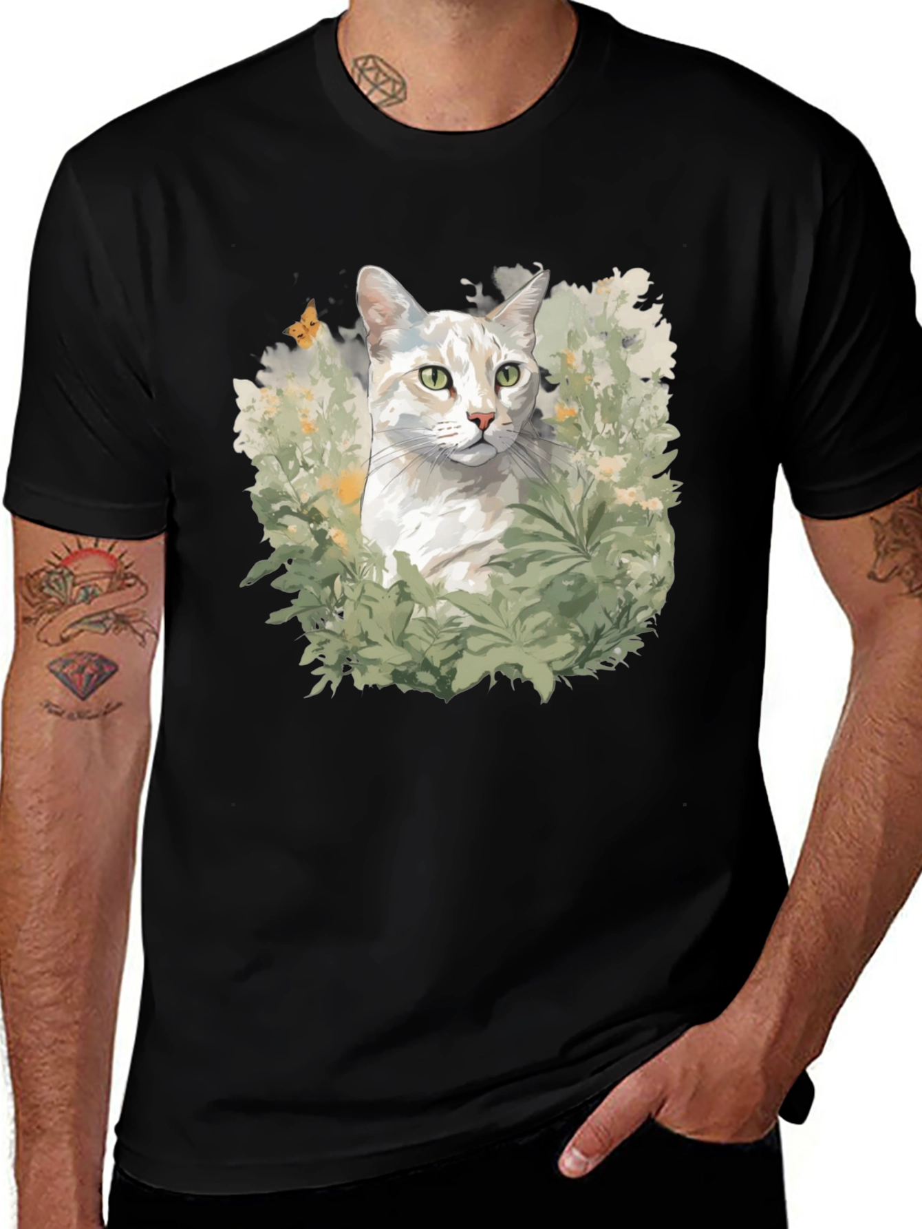 Cat in Garden Black T-Shirt
