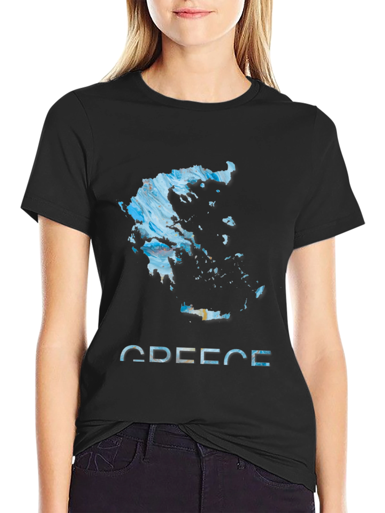 Greece Map T-Shirt - Abstract Design Black Cotton Tee