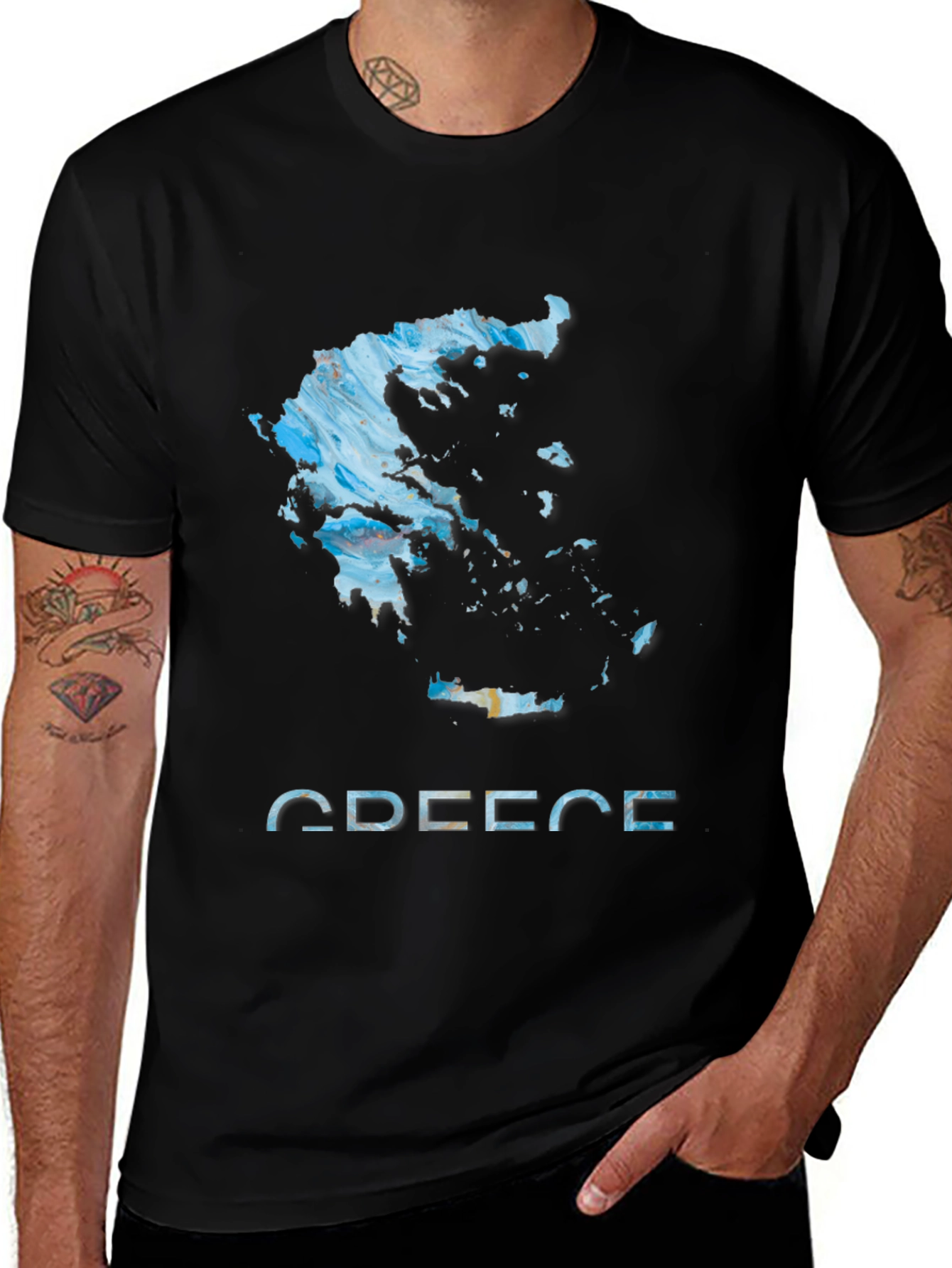 Greece Map T-Shirt - Abstract Design Black Cotton Tee