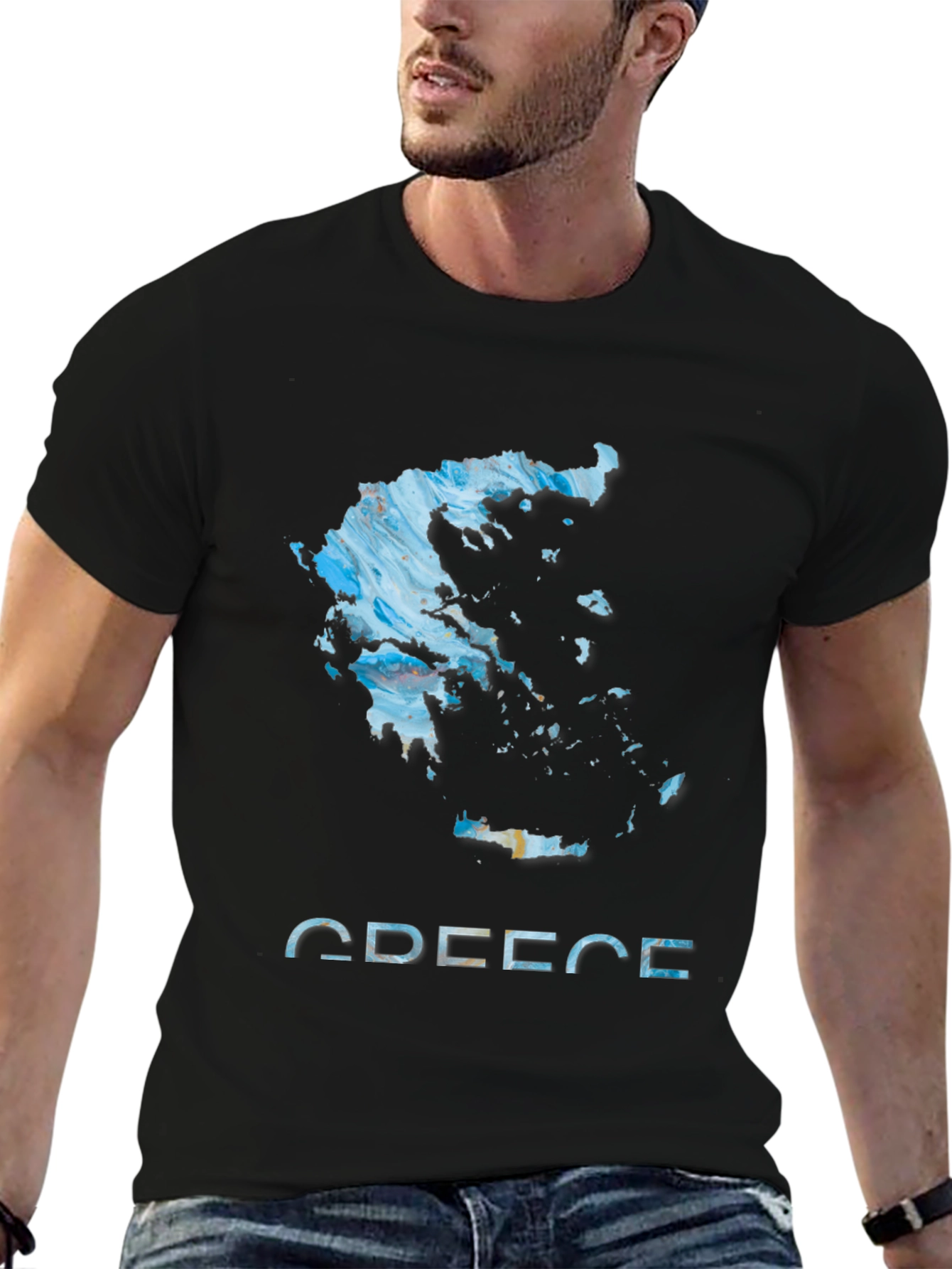 Greece Map T-Shirt - Abstract Design Black Cotton Tee