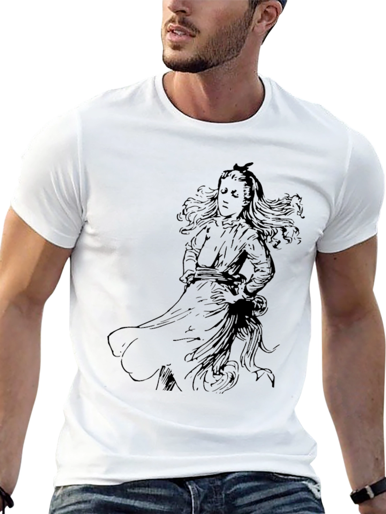 Black Graphic Tee with Girl Illustration