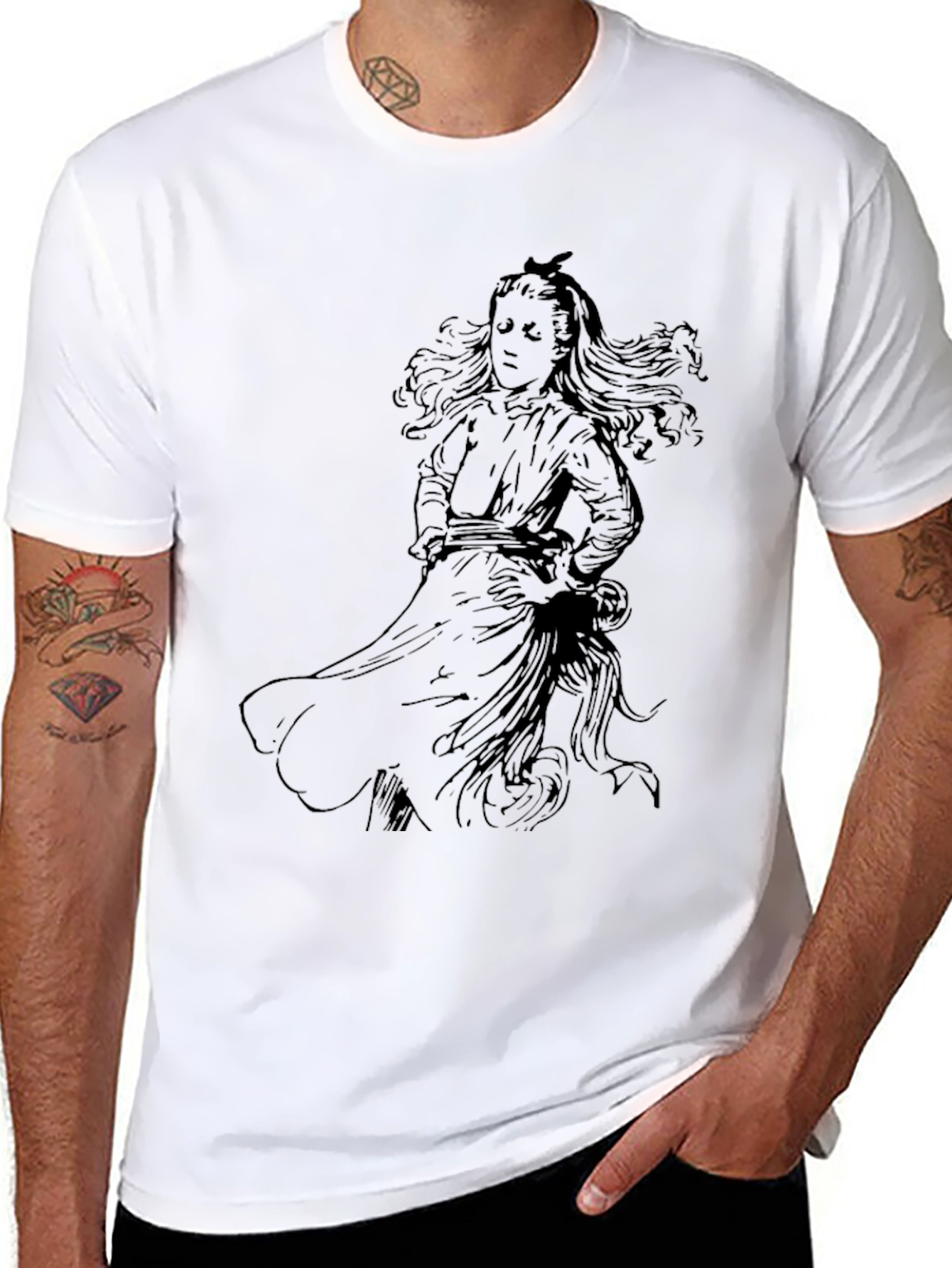 Black Graphic Tee with Girl Illustration