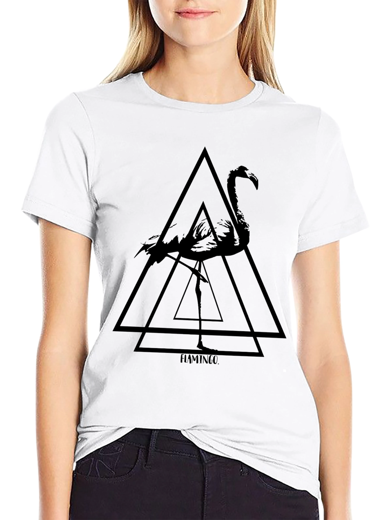 Geometric Flamingo Graphic Tee - Black