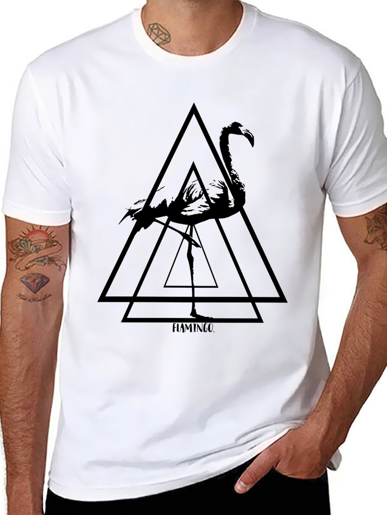 Geometric Flamingo Graphic Tee - Black