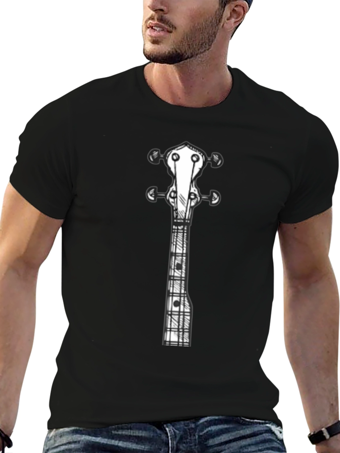 Guitar Sketch Graphic Tee - Black Cotton Shirt