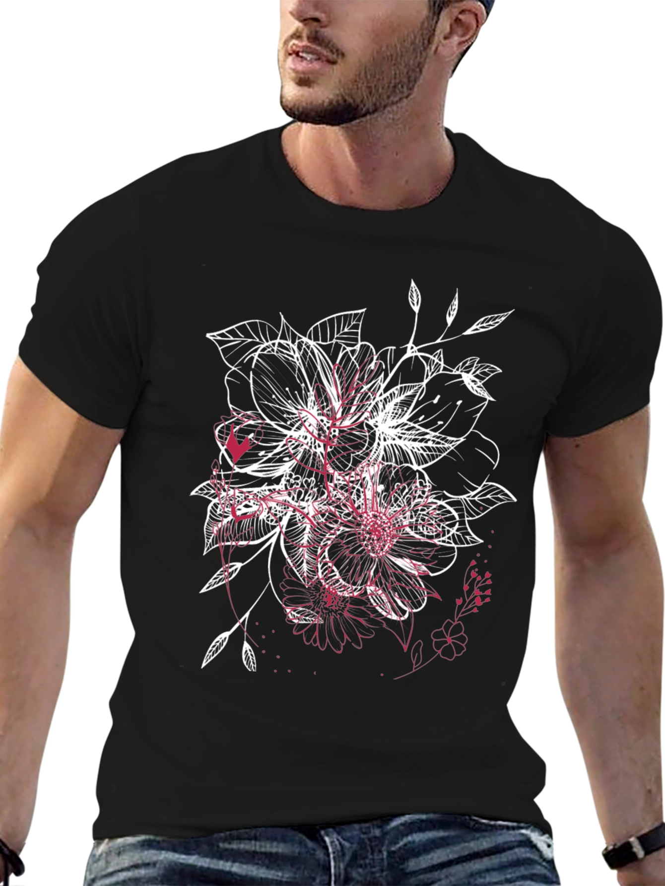 Floral Sketch Graphic Black T-Shirt