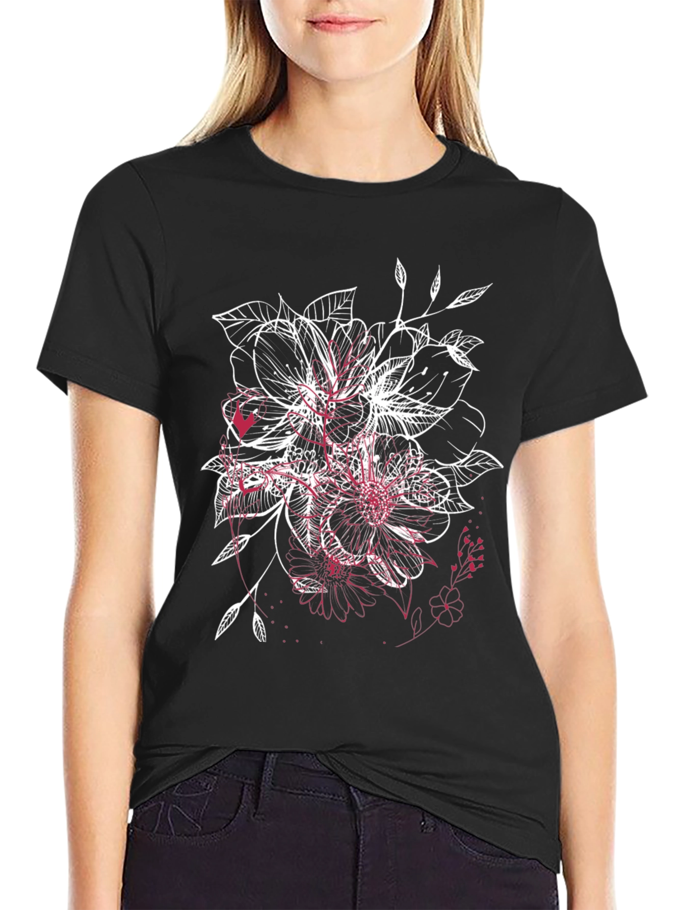 Floral Sketch Graphic Black T-Shirt
