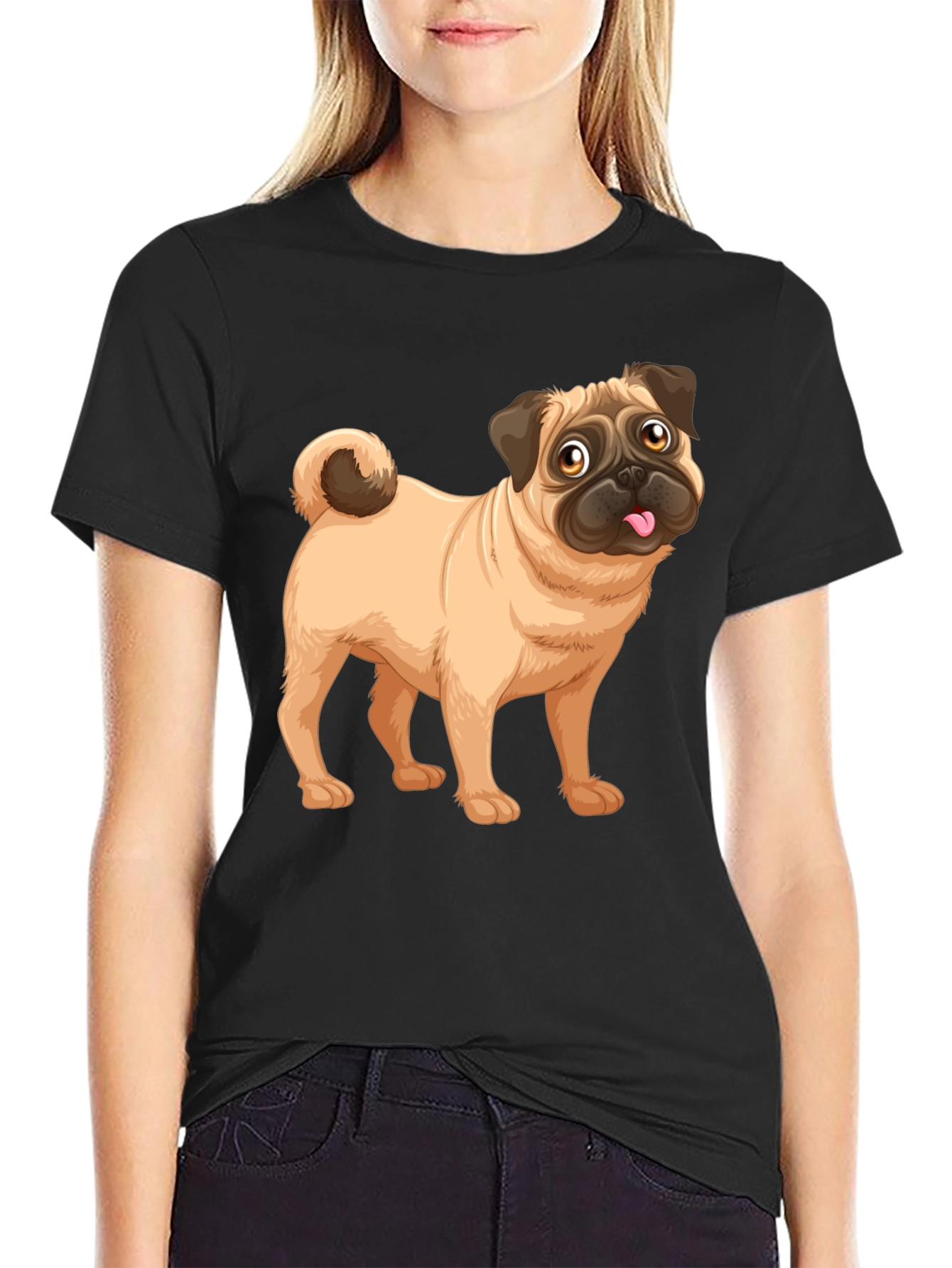 Pug Graphic Print Black T-Shirt