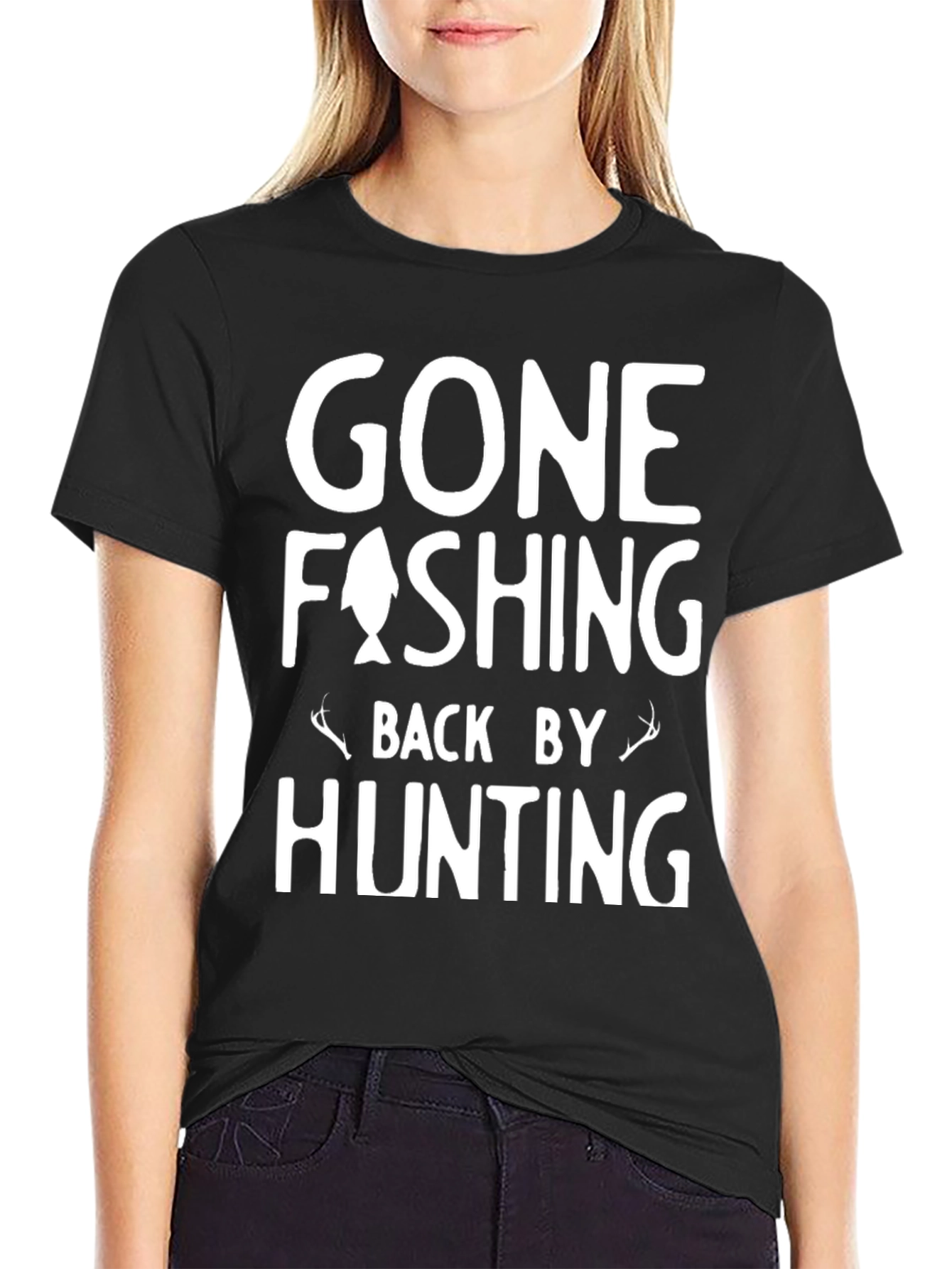 Gone Fishing Back By Hunting Graphic Tee