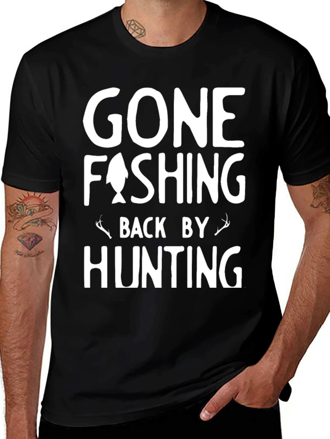 Gone Fishing Back By Hunting Graphic Tee