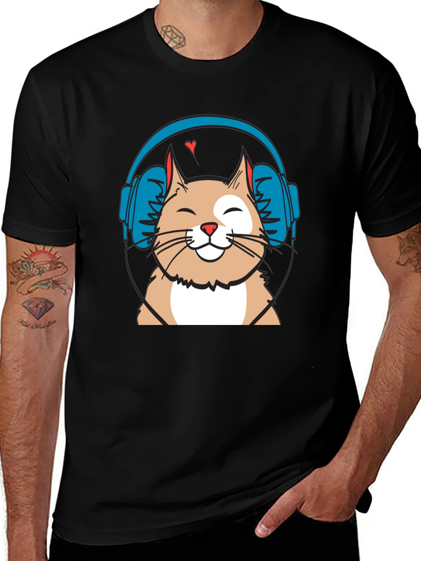 Cool Cat with Headphones Graphic T-Shirt