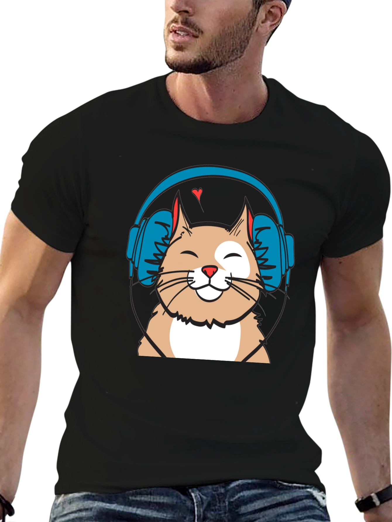 Cool Cat with Headphones Graphic T-Shirt
