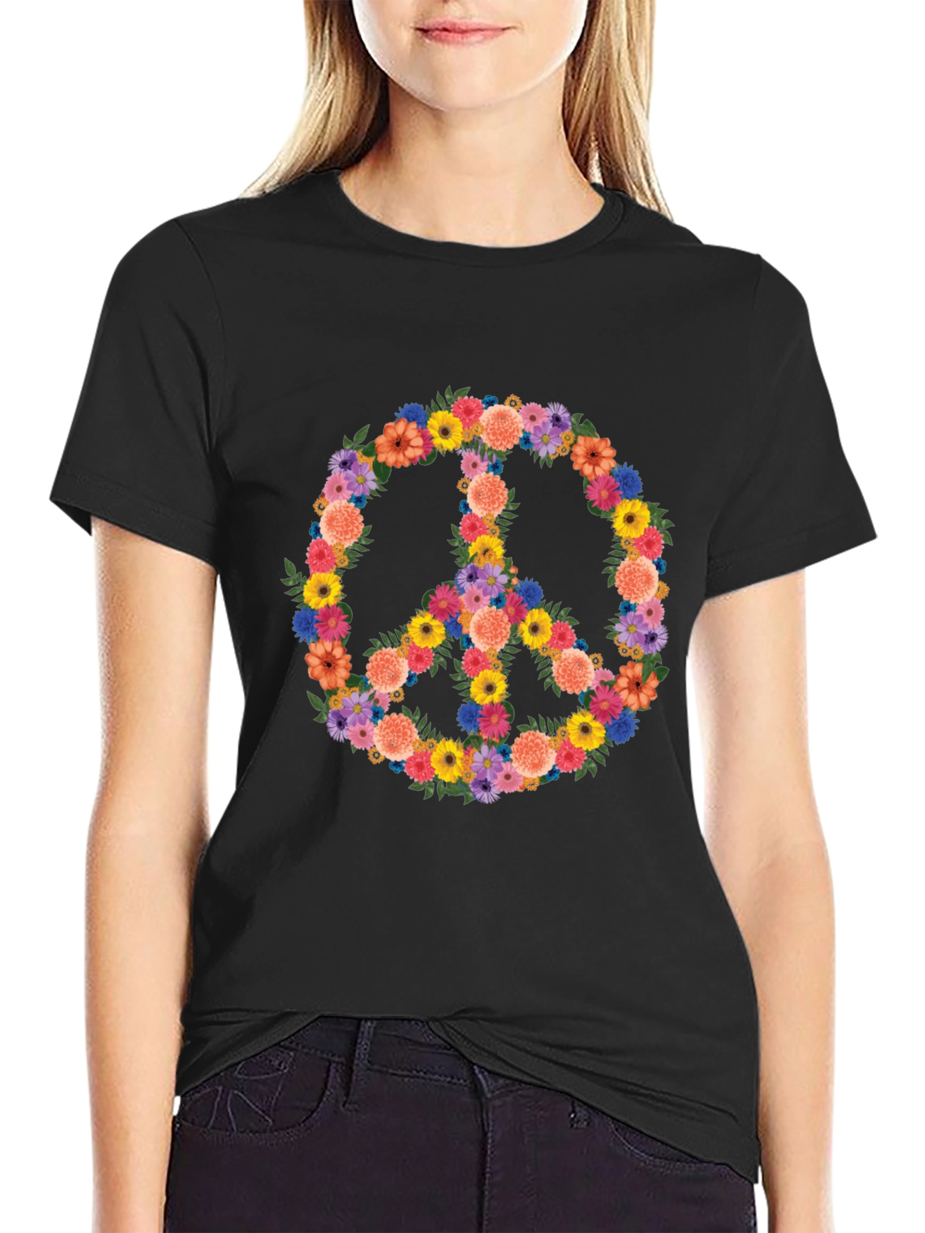 Floral Peace Sign Graphic Tee - Black