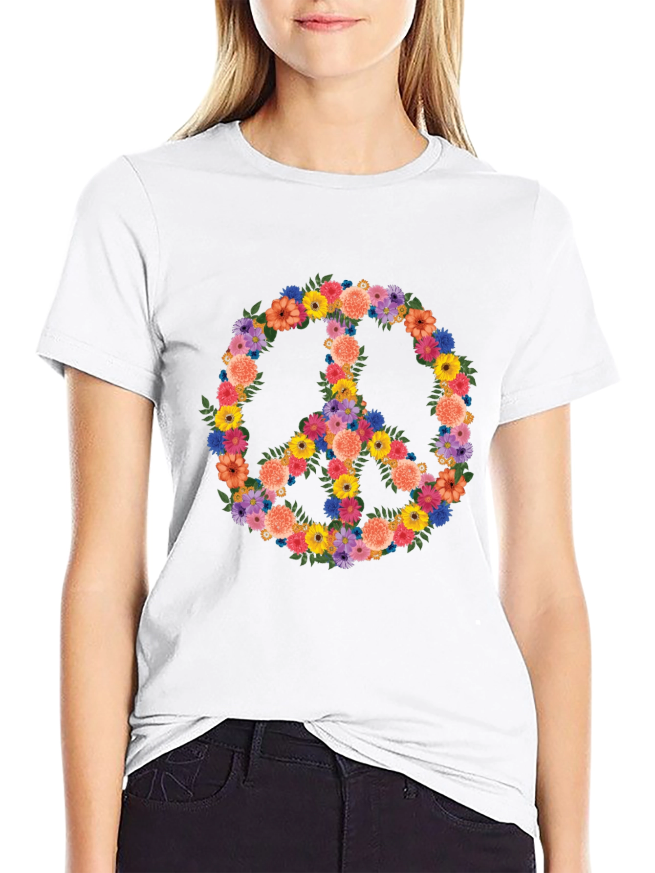 Floral Peace Sign Graphic Tee - Black