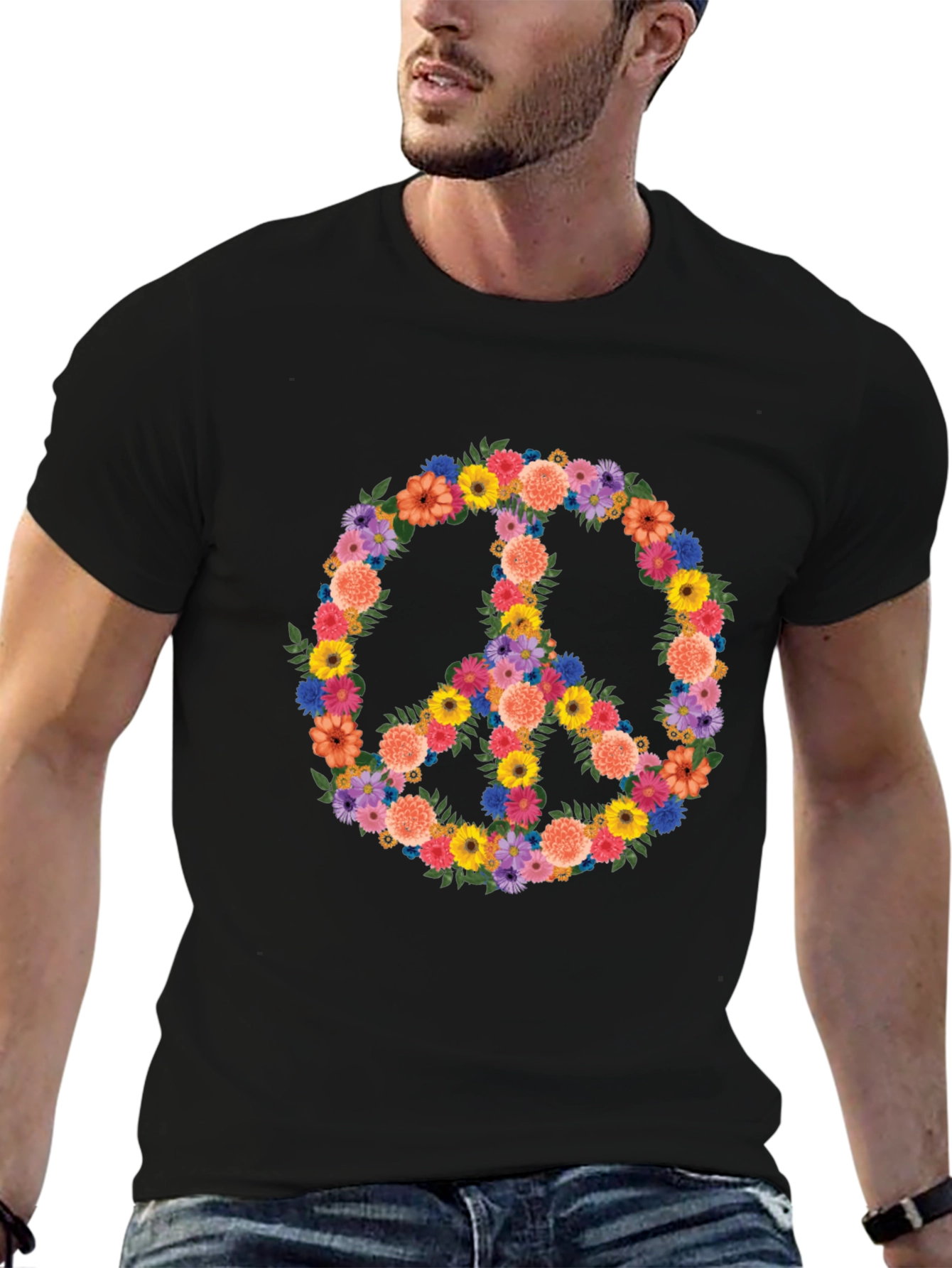 Floral Peace Sign Graphic Tee - Black
