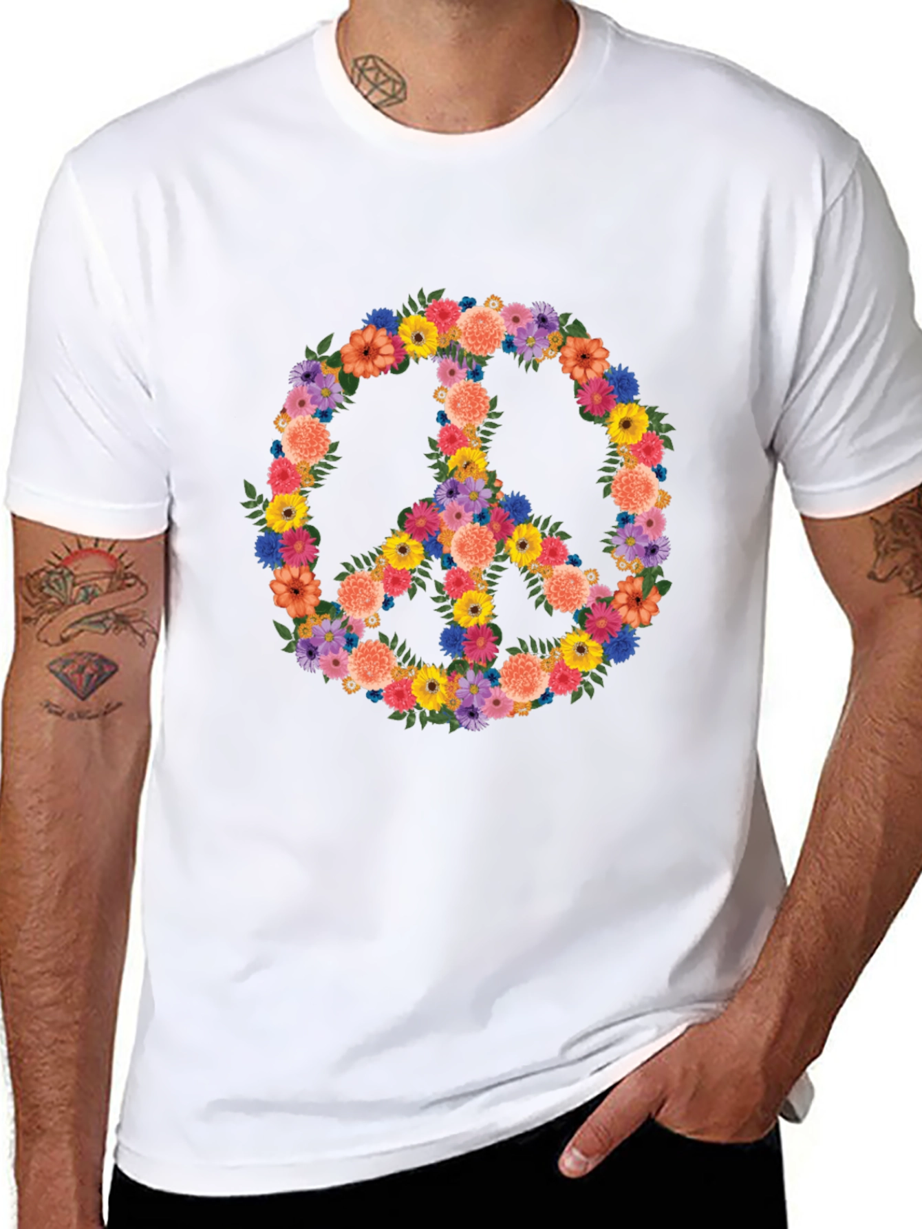 Floral Peace Sign Graphic Tee - Black