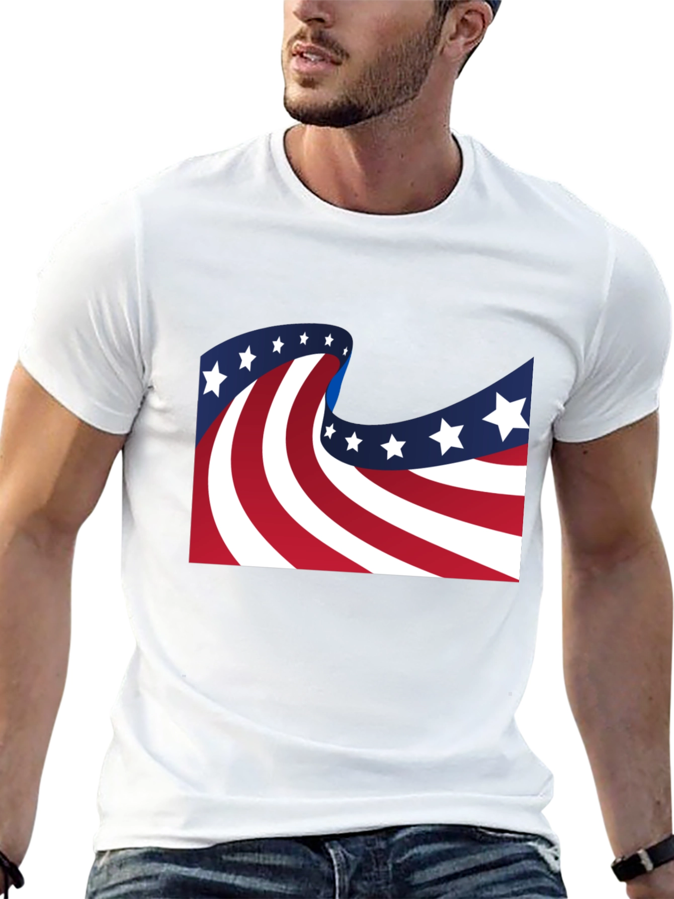 American Flag Wavy Stars and Stripes Black T-Shirt