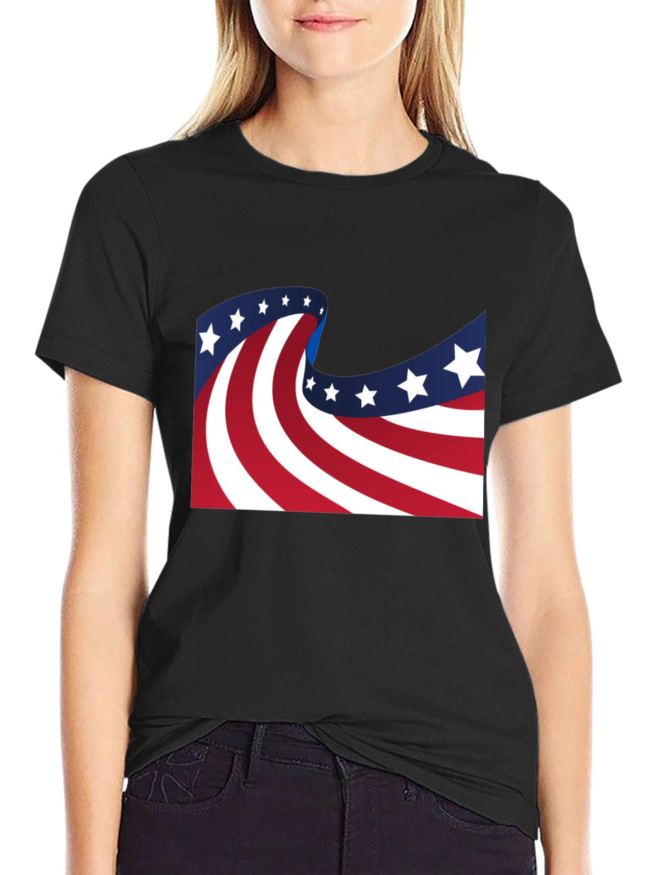 American Flag Wavy Stars and Stripes Black T-Shirt