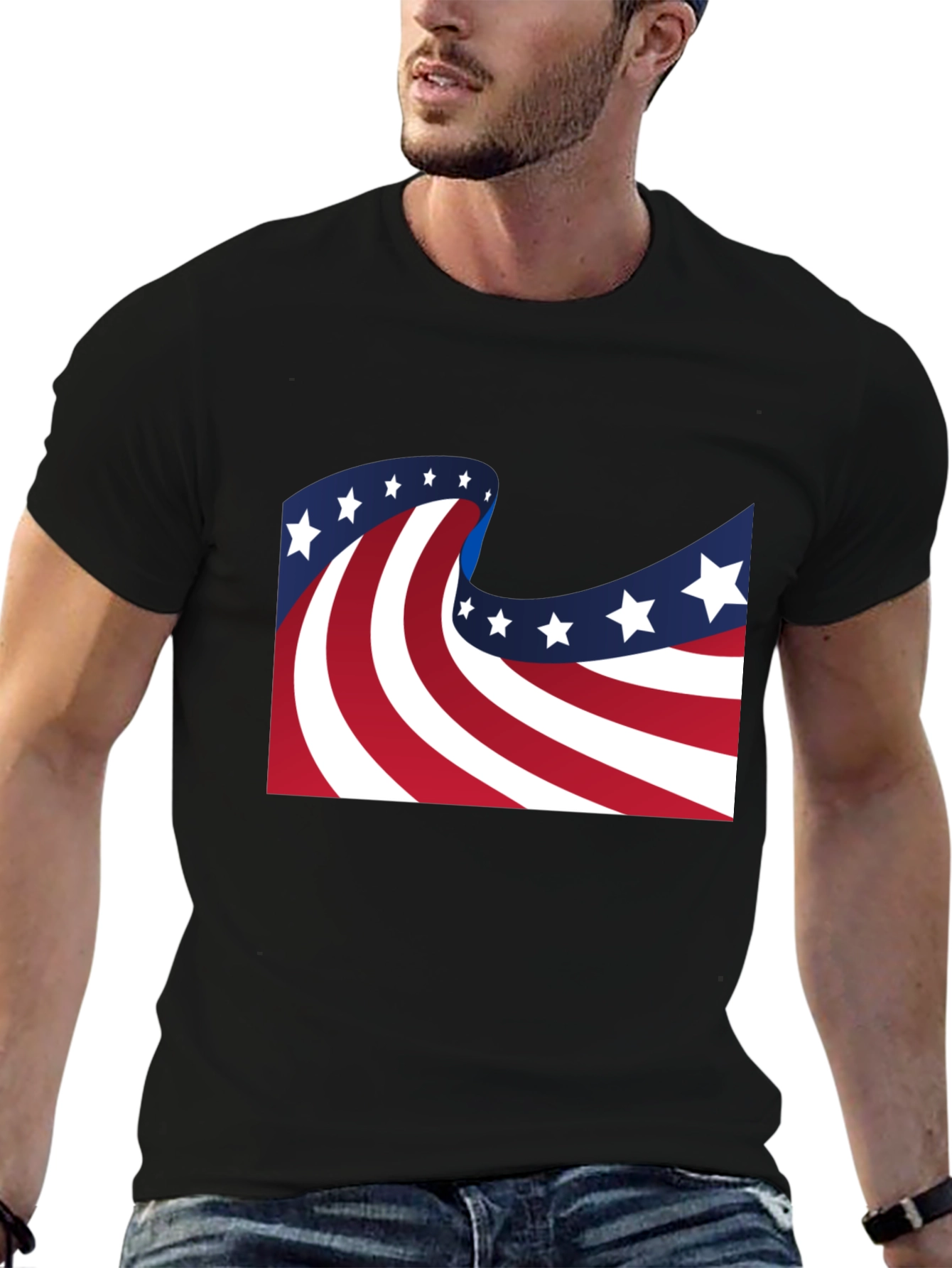 American Flag Wavy Stars and Stripes Black T-Shirt