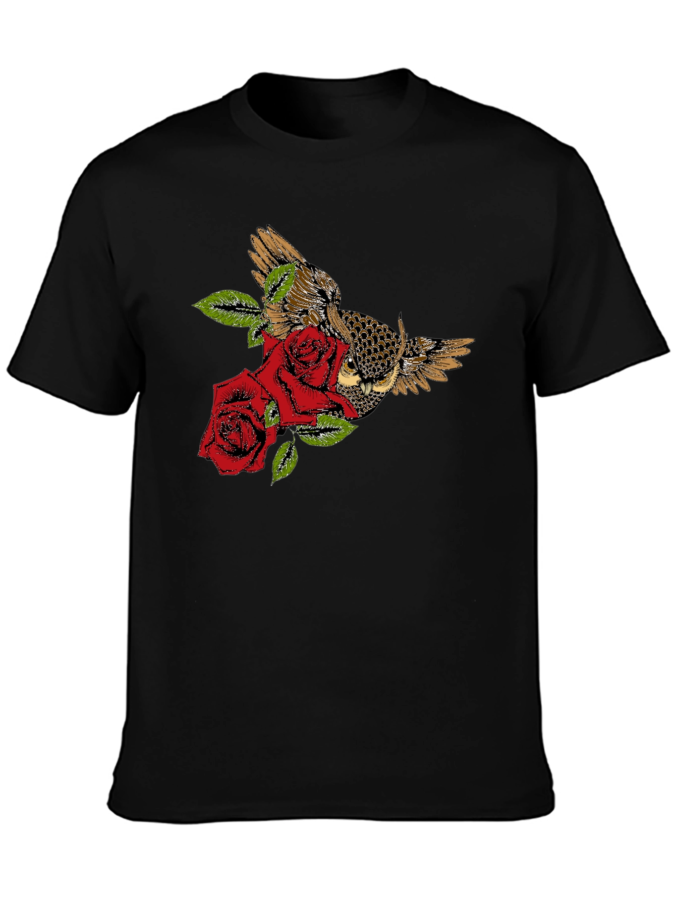 Owl and Roses Graphic T-Shirt - Black
