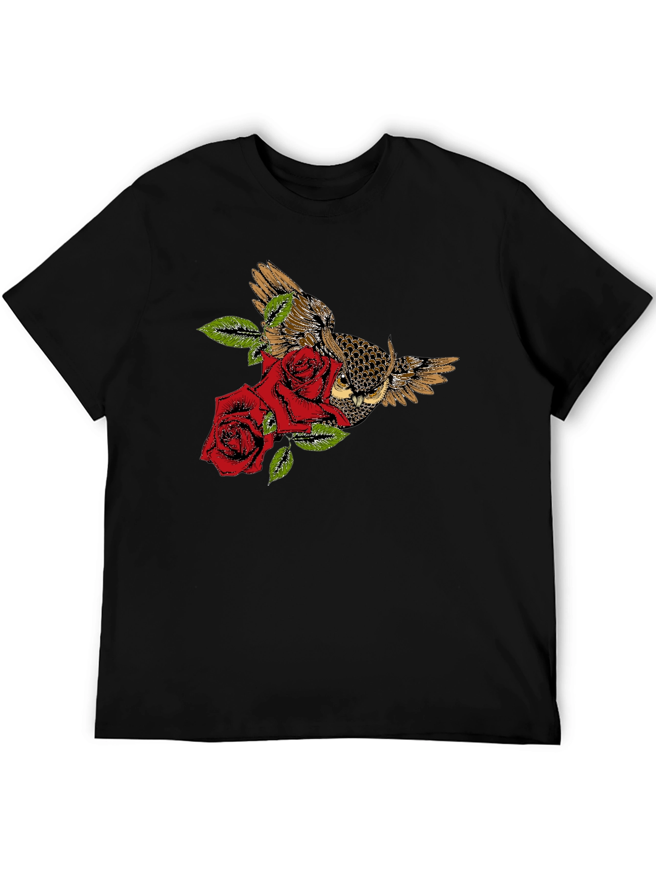 Owl and Roses Graphic T-Shirt - Black