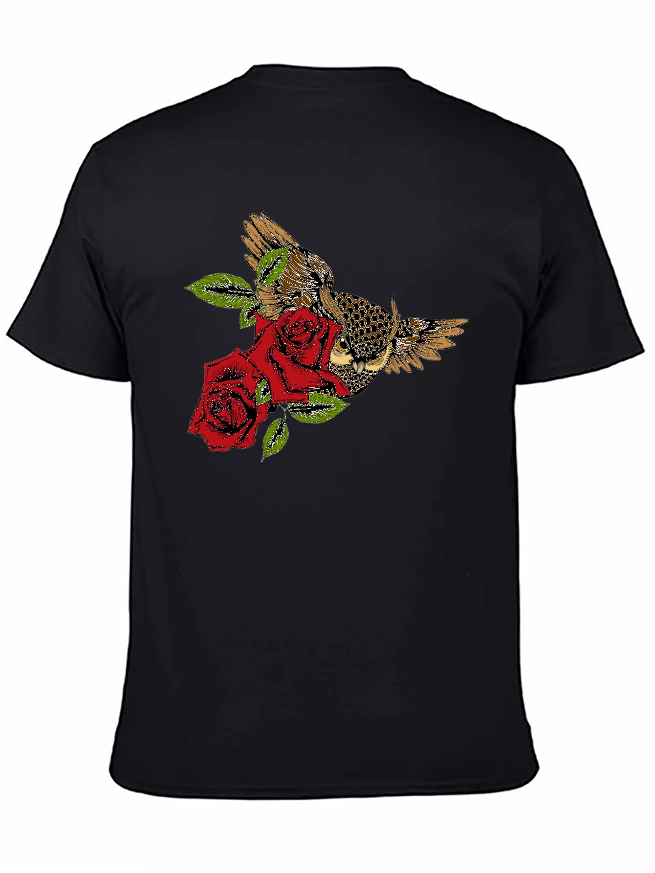 Owl and Roses Graphic T-Shirt - Black
